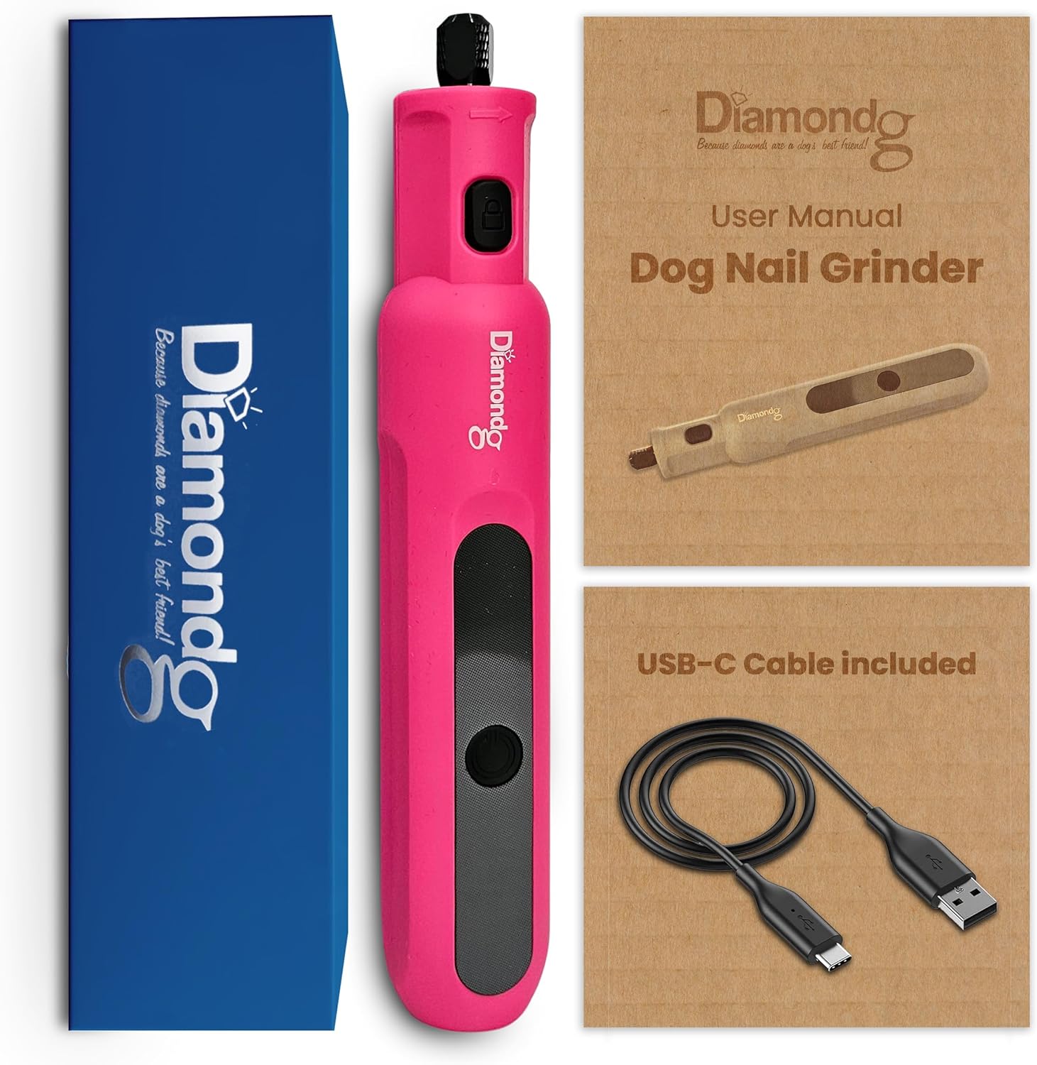 Diamondg Cordless Micro Dog Nail Grinder with Quiet Sound & LED Tip for Large & Small Dogs, 4hrs. Runtime - Electric Dog Nail Trimmer, Heavy Duty Rotary Tool Alternative to Toenail Clippers & Filers