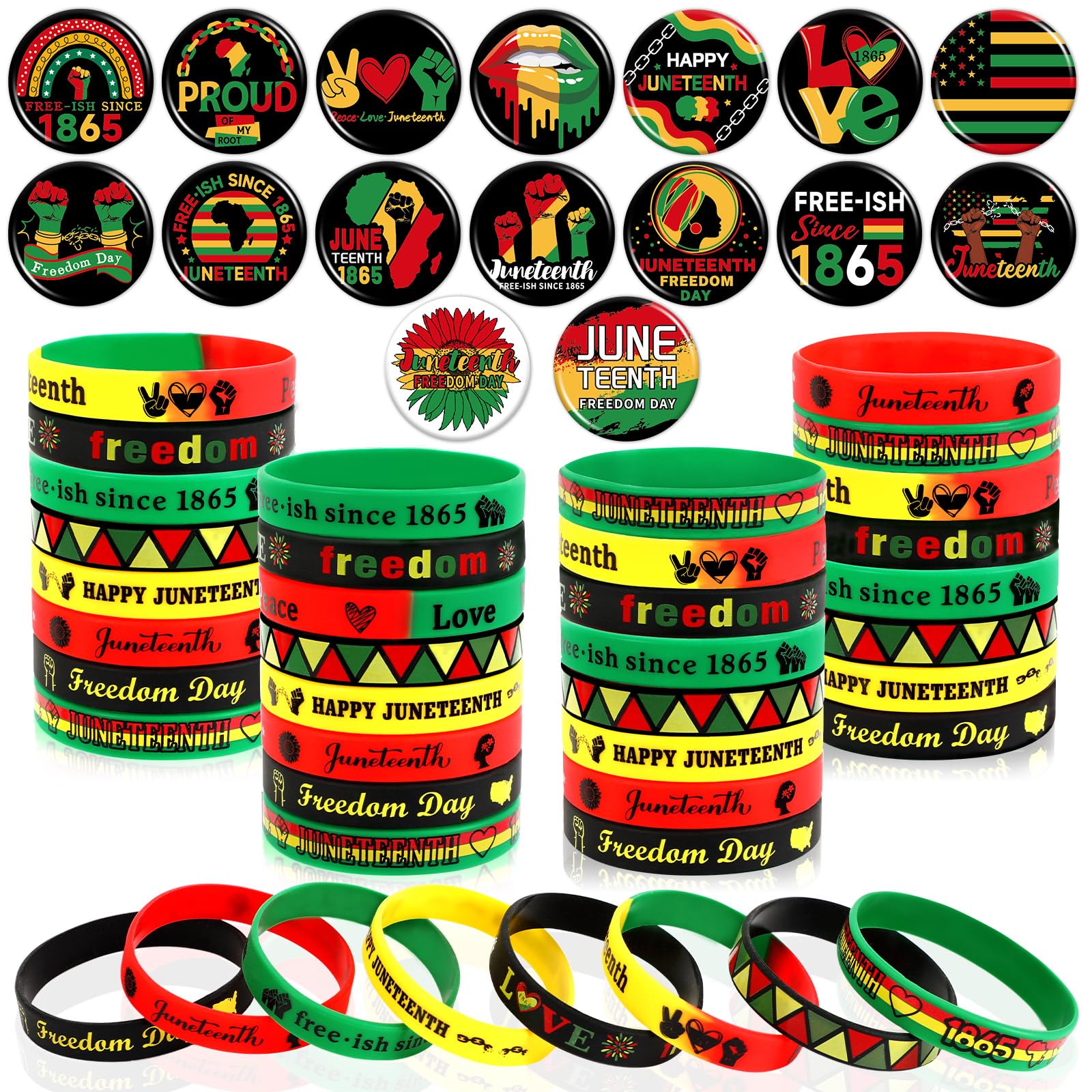 DTOFOOT 64PCS Happy Juneteenth Day Party Favors Supplies Freedom Day Button Badges Pins Silicone Bracelets for African American Juneteenth Free-ish