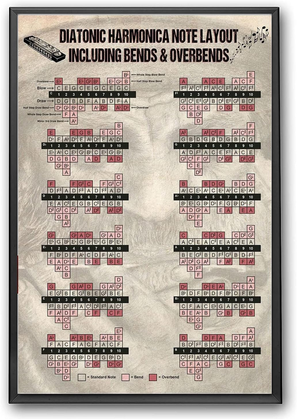 Diatonic Harmonica Knowledge Poster, Instrument Bend And