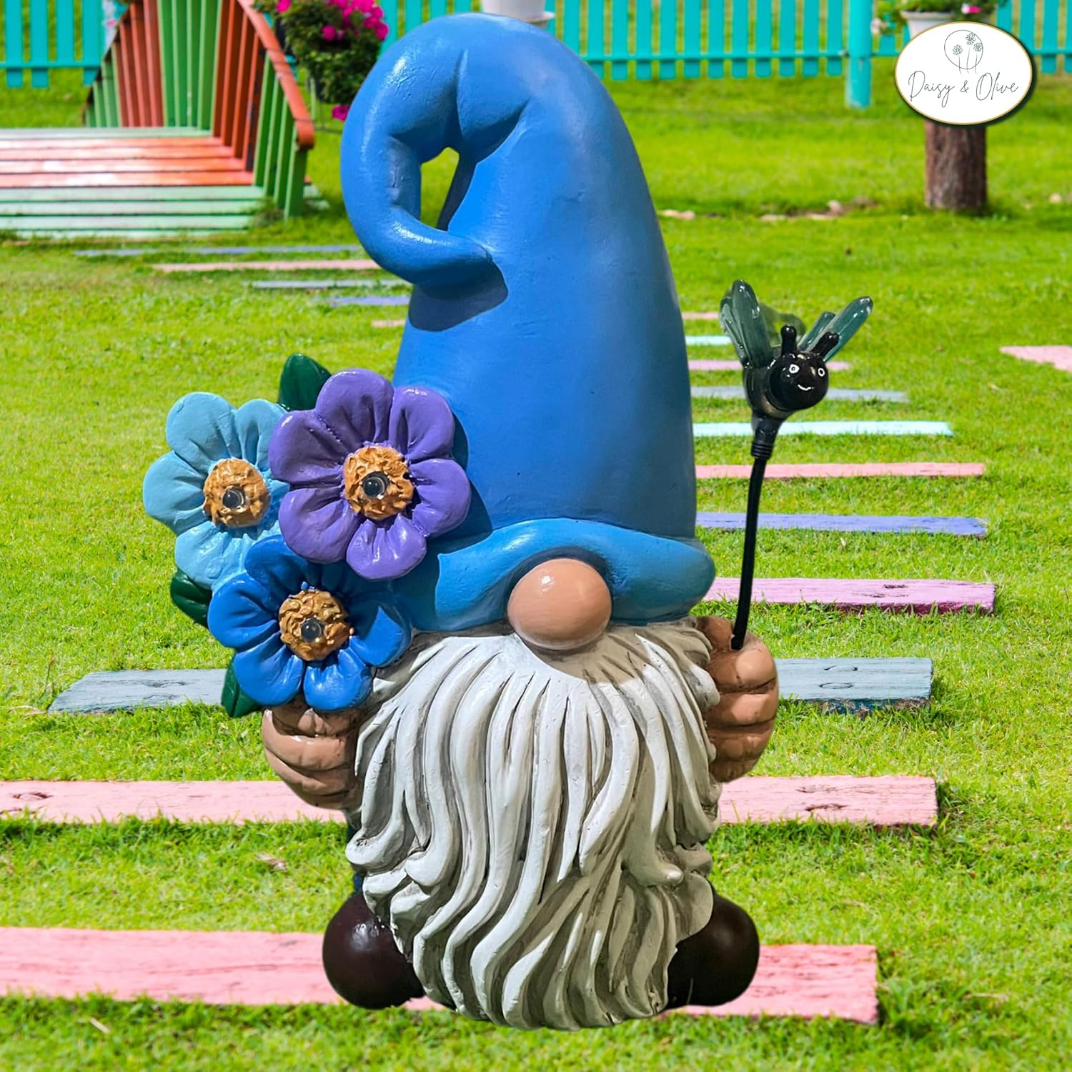Daisy & Olive Garden Gnome | Large Solar Powered Garden Gnome Statue | Flower & Bee Lights Up | Auto On-Off | Garden Gnome for Yard | Unique Housewarming Gifts