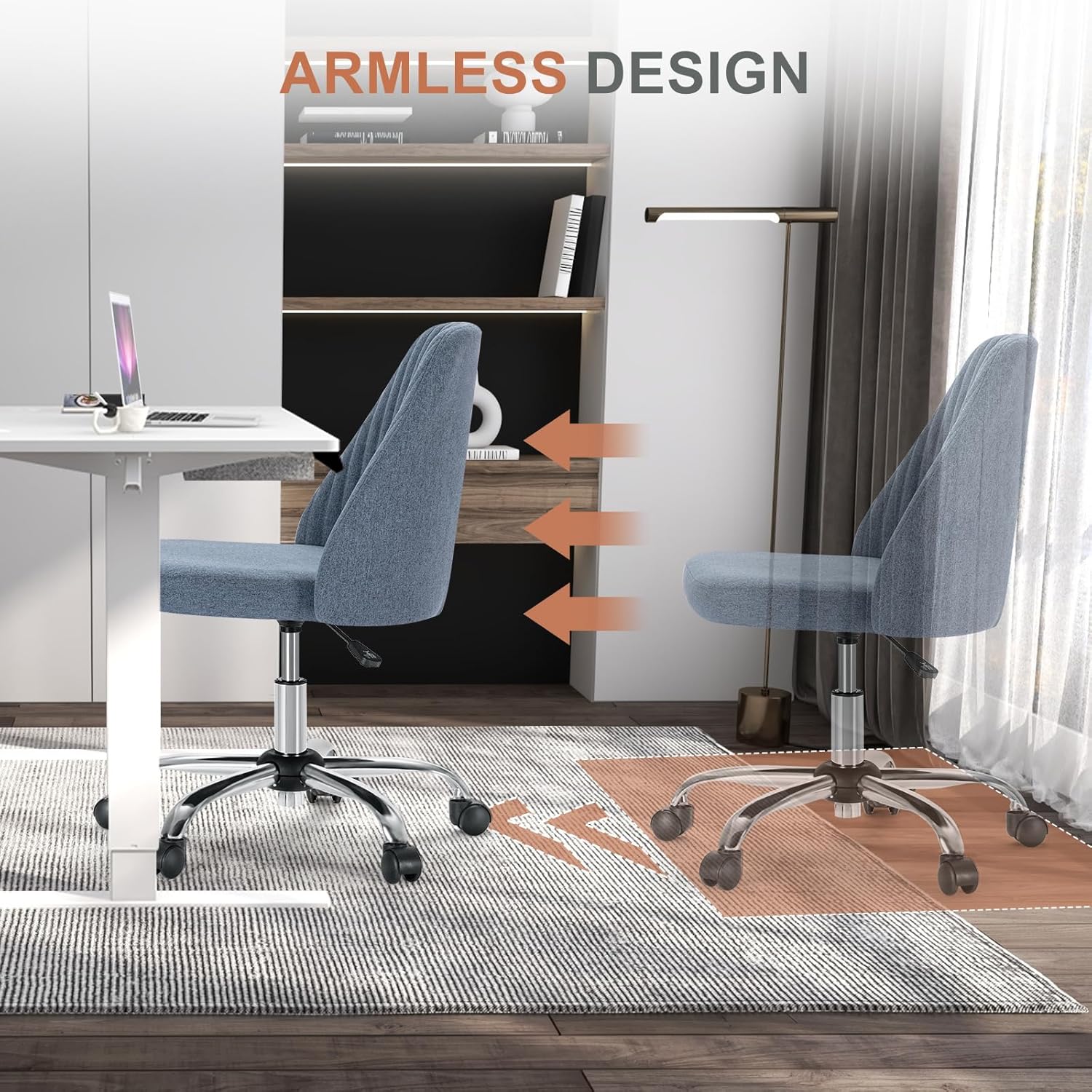 DUMOS Office Chair, Comfy Desk Chair Rolling Vanity Swivel Task Chairs with Wheels, Wide Seating Armless Height Adjustable Computer Chairs for Home,Bedroom,Student,Adults, Blue