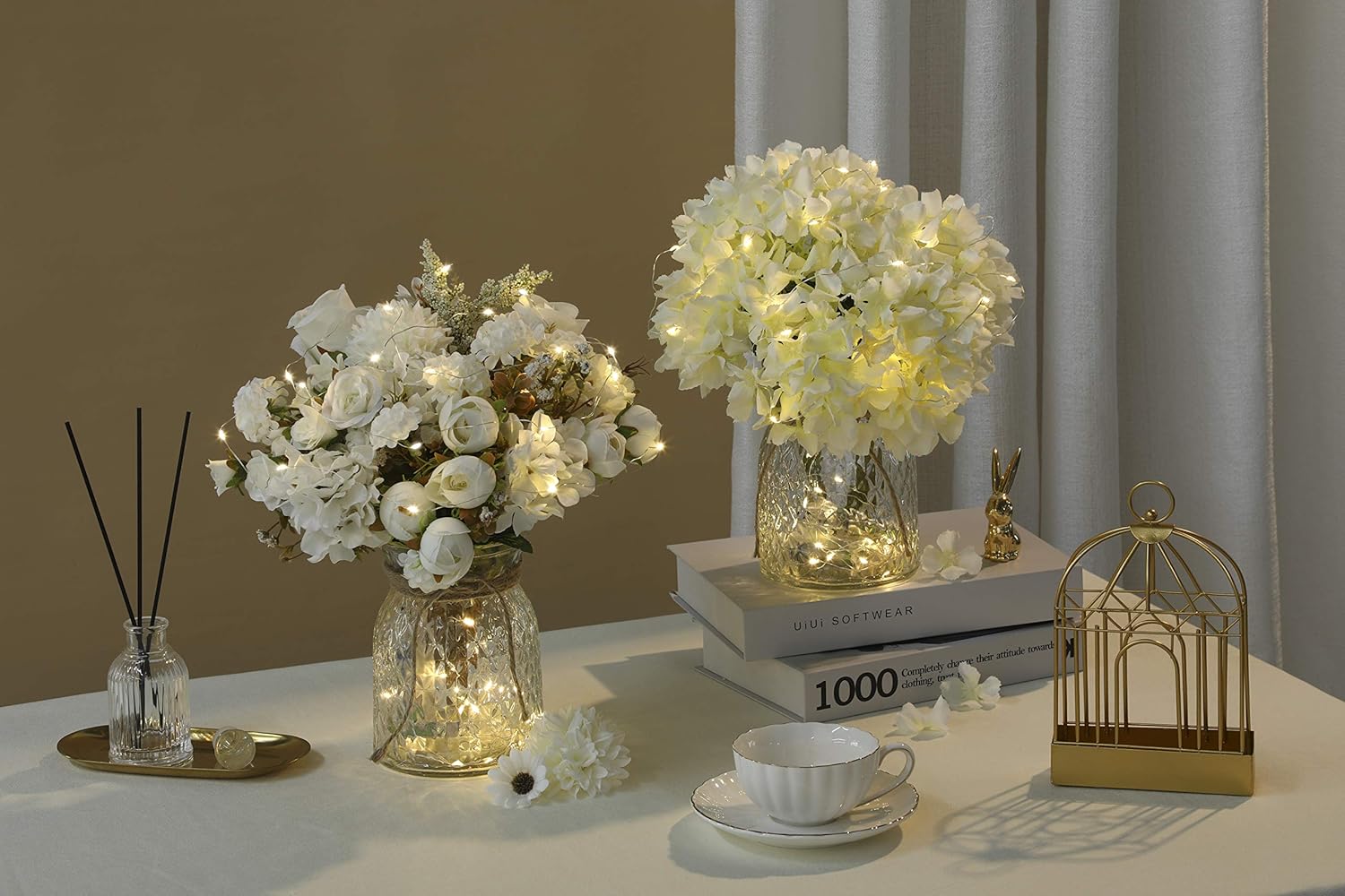 Aitificial LED White Rose Flowers with Glass Vase, Flower Arrangement for Table Centerpiece, Home Office Wedding Decoration - Image 2