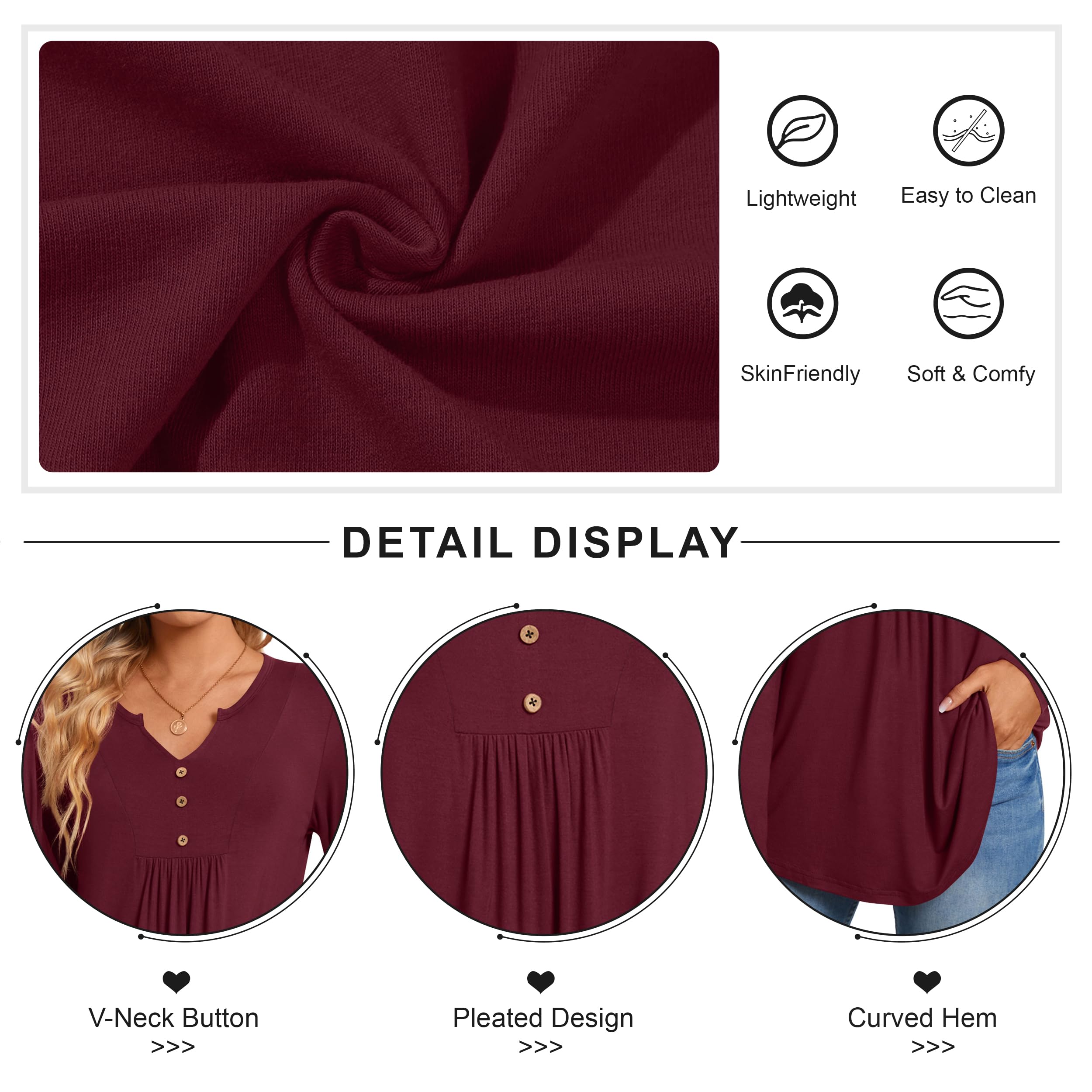 CATHY Womens Long Sleeve Tops 2025 Fall Fashion Henley Shirts Dressy Casual Pleated Tunic V-neck Button Down Blouses