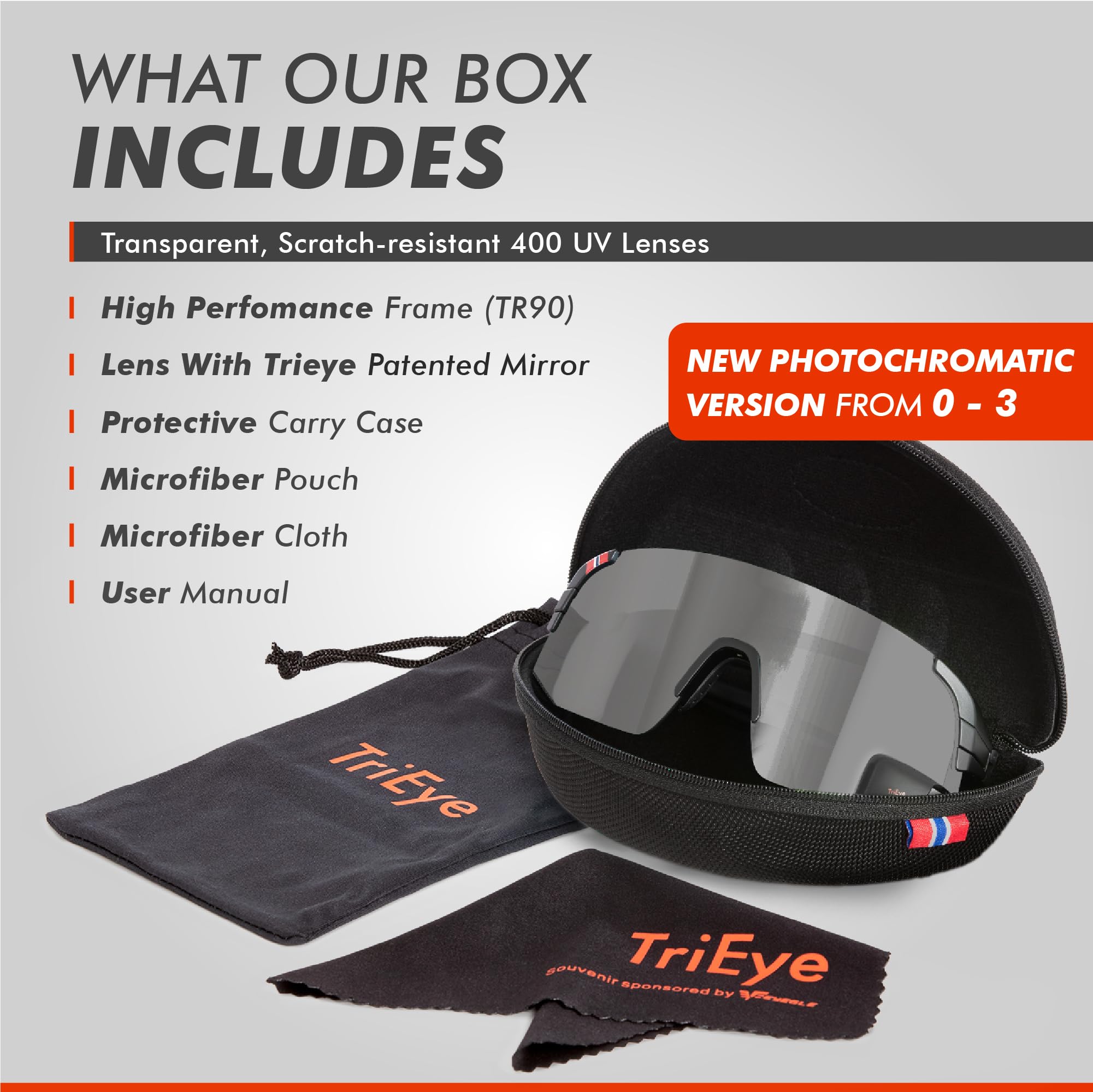 TriEye Okulary rowerowe z lusterkiem wstecznym UV400, fotochromatyczne 0-3 | Sportowe okulary przeciwsłoneczne dla kobiet i mężczyzn Lekkie okulary rowerowe z ochroną UV400 - fotochromatyczne 0-3