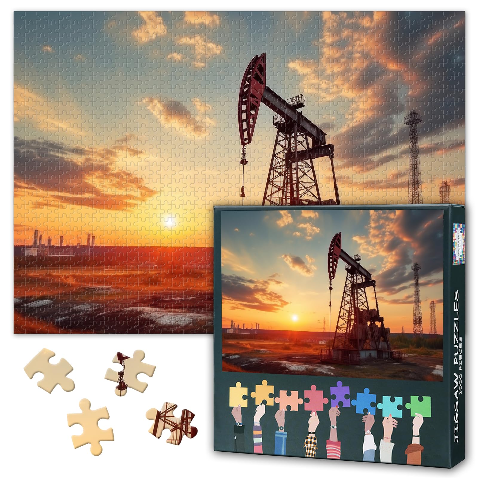 Jigsaw Puzzle 1000 Piece Set for Adults Oil Pumping Station at Sunset Petroleum Industry Scene Energy Production Facility Wall Art 27.5x19.7 Inch