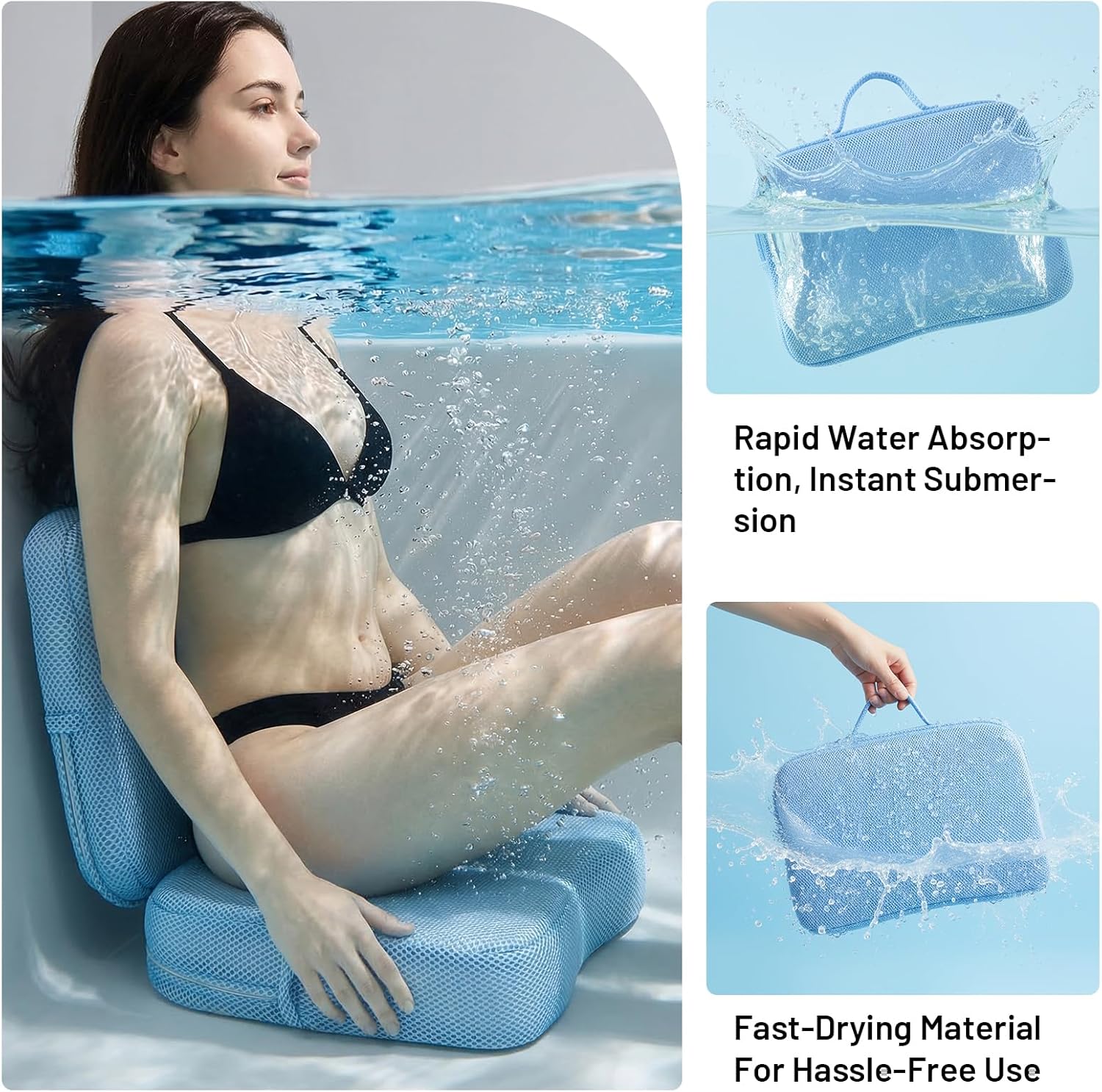 Foldable Hot Tub Booster Seat for Adults, 3D Air Mesh Spa Cushion Quick Dry Water Absorbent Non-Slip for Bathtub Pool Spa, 1 Pack (Blue)