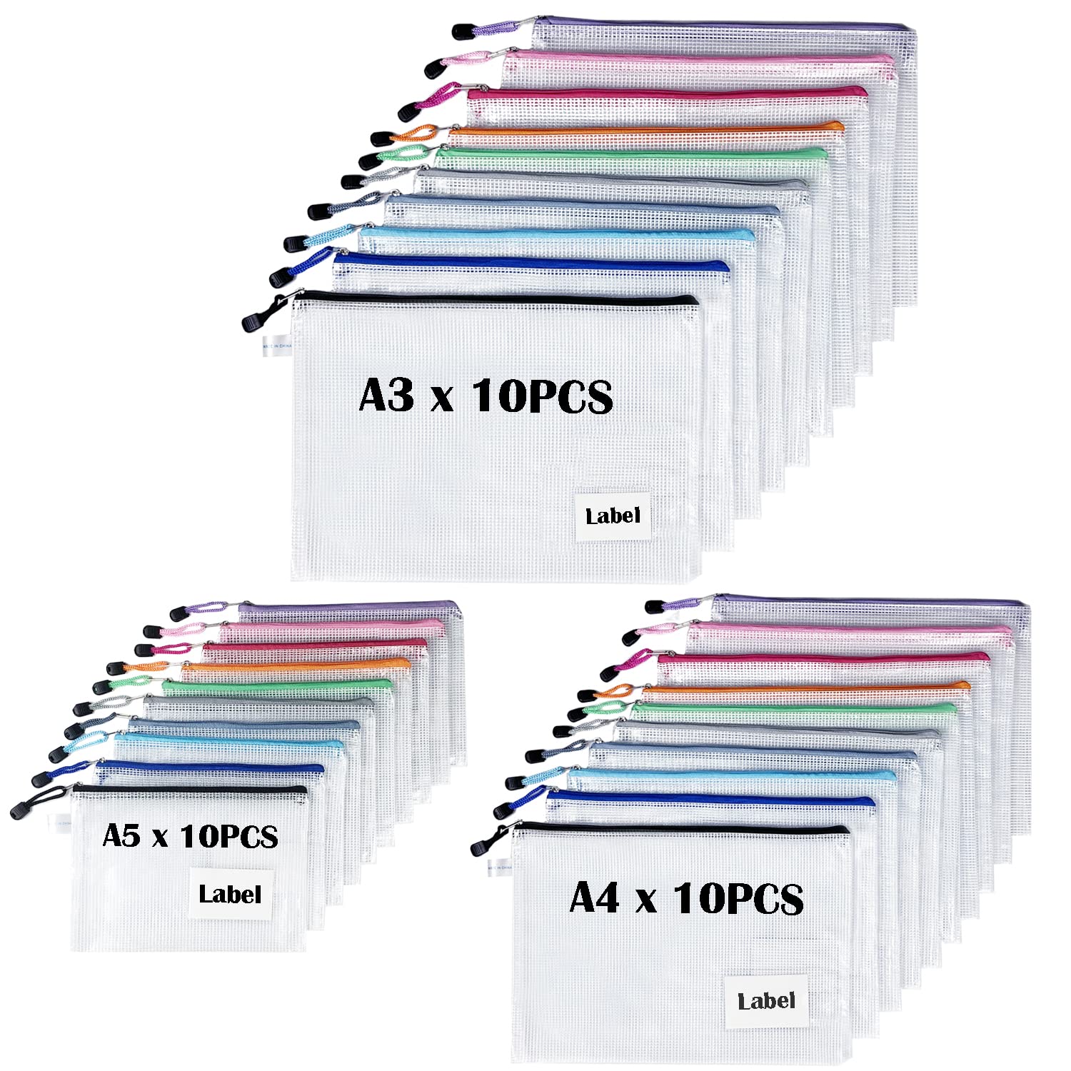 TRANBO 30 Stücke Reißverschlusstaschen A3/A4/A5, Wasserdichte Mesh-Taschen Dokumententasche, Zipper Tasche zur Aufbewahrung von Ordnern, Schreibwaren,Geeignet für Schule, Büro, Reisen