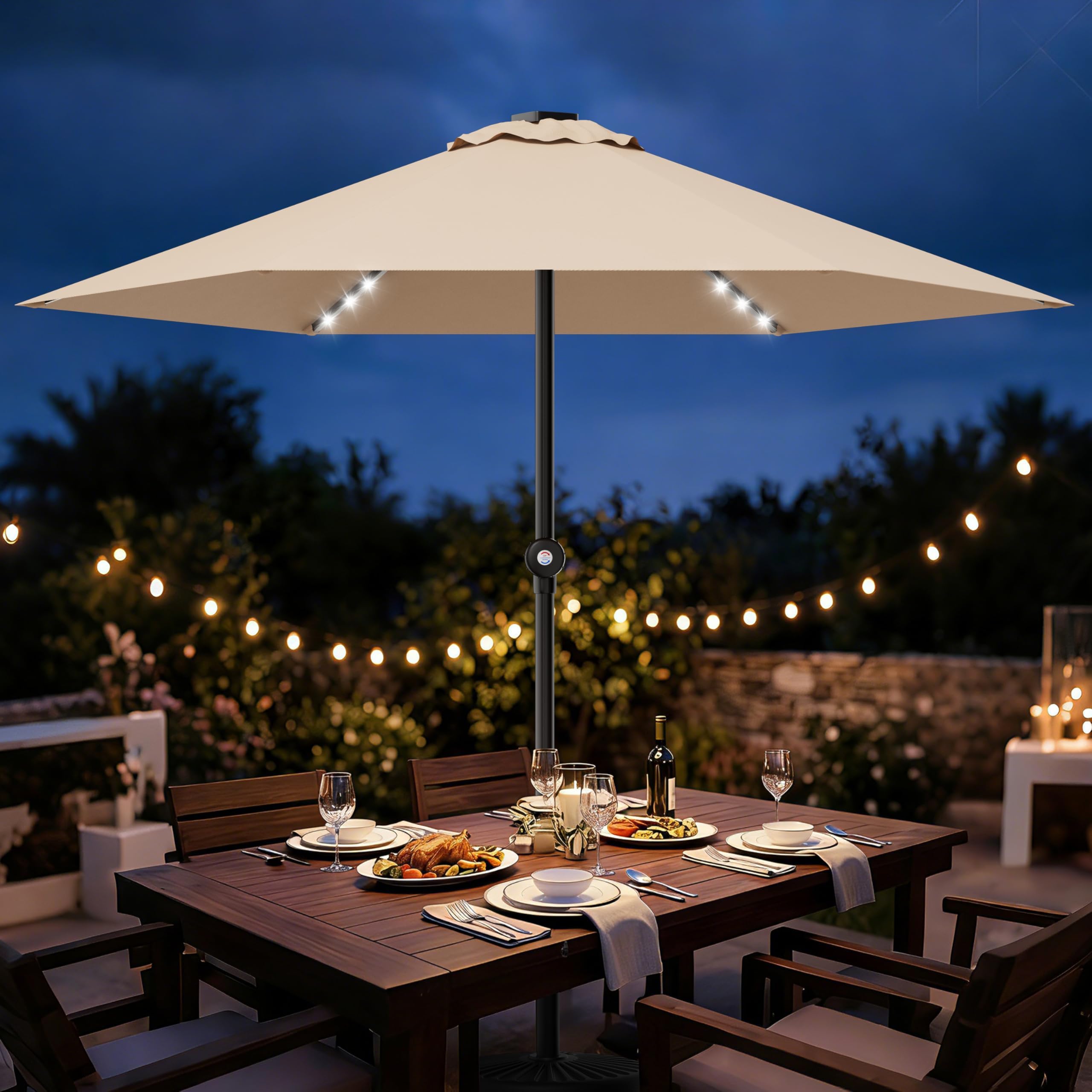 AreShark 9FT Push-Up Solar Umbrella 24 LED Lighted Patio Umbrella Table Market Umbrella with Easy Crank Outdoor Umbrellas for Garden, Deck, Backyard, Pool and Beach, Beige