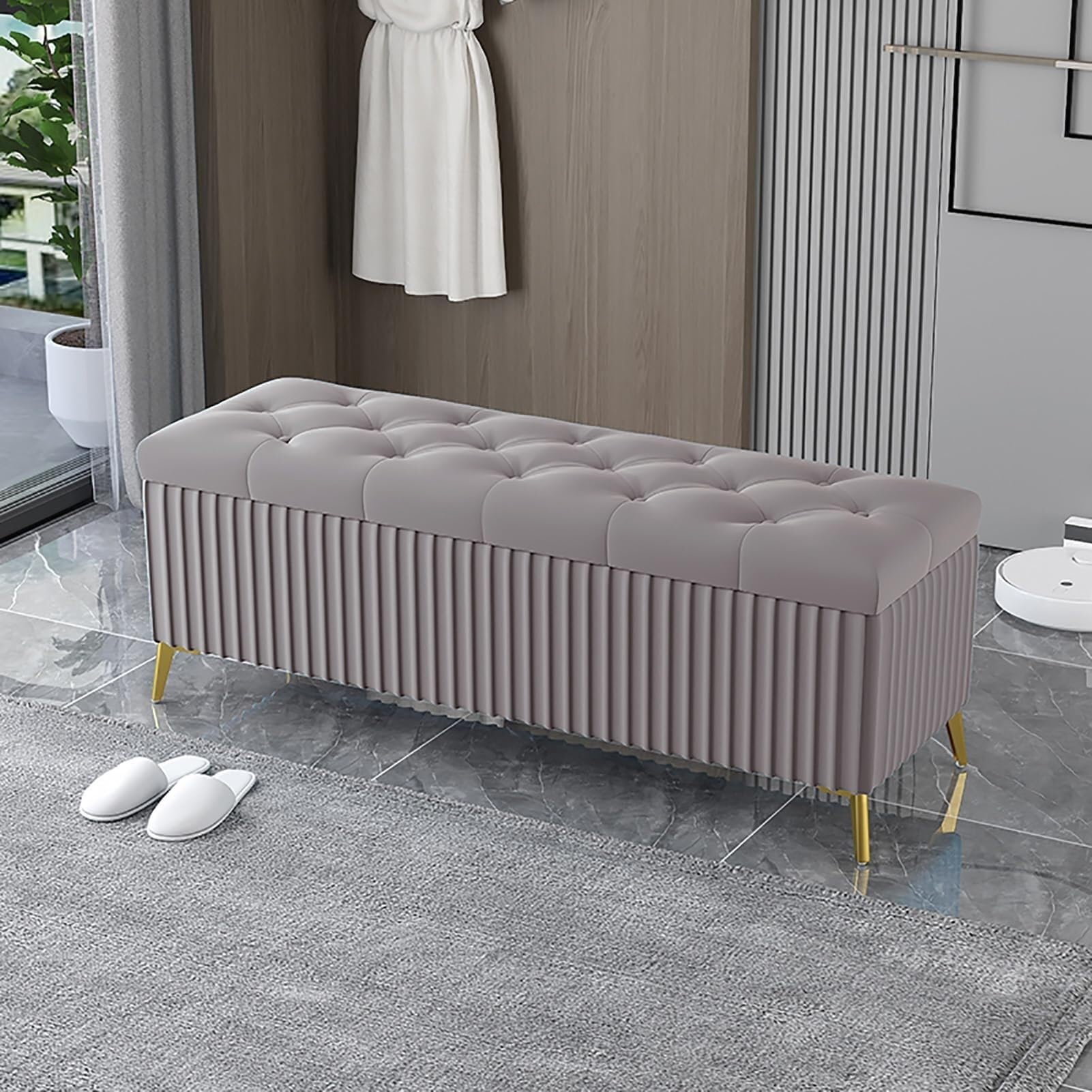 Banc de chambre bout de lit en velours et finitions capitonnées
