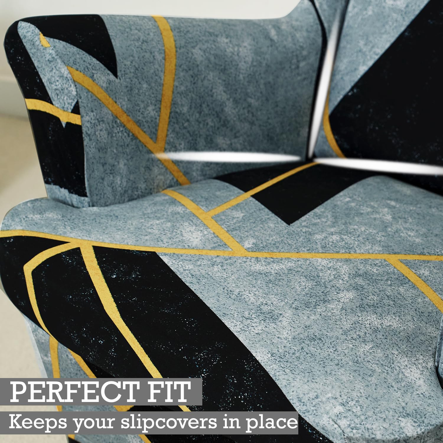 HOKIPO 'Elira Series' Polyester Blend 140gsm Fully Covered Wingback Chair Cover, Multicolor Abstract Geometry (AR-4991-C10) 2