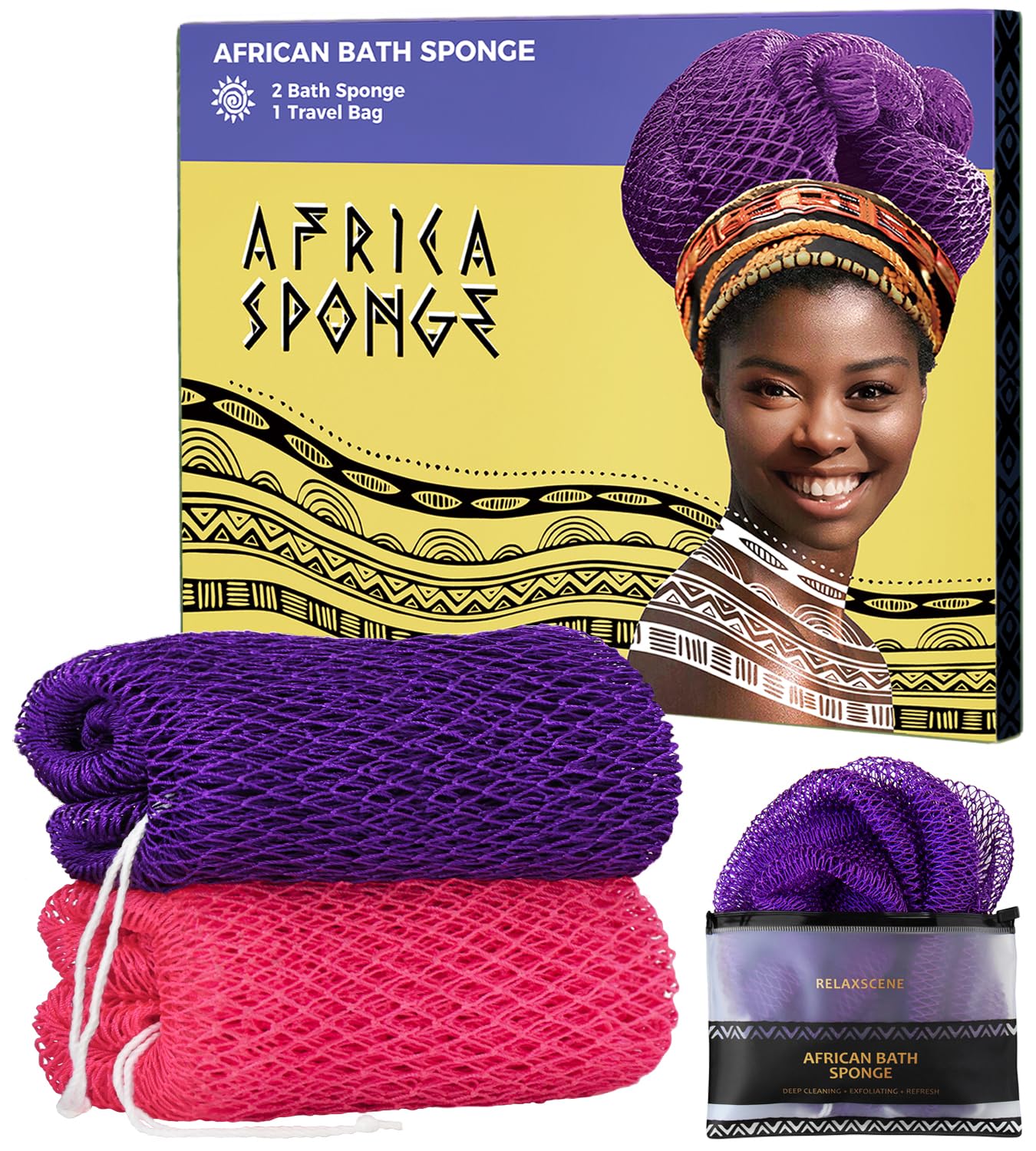 African Net Sponge Authentic - 2 Pieces Exfoliating Body Scrubber Bath Sponge - Loofah Washcloth Back Scrub for Shower Body Exfoliator - Face & Skin Care Bathroom Essentials for Women