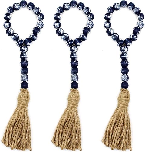CVHOMEDECO. Guirnalda de cuentas de madera con borlas, 3 piezas de cuentas rústicas de madera para oración de granja, decoración para colgar en la
