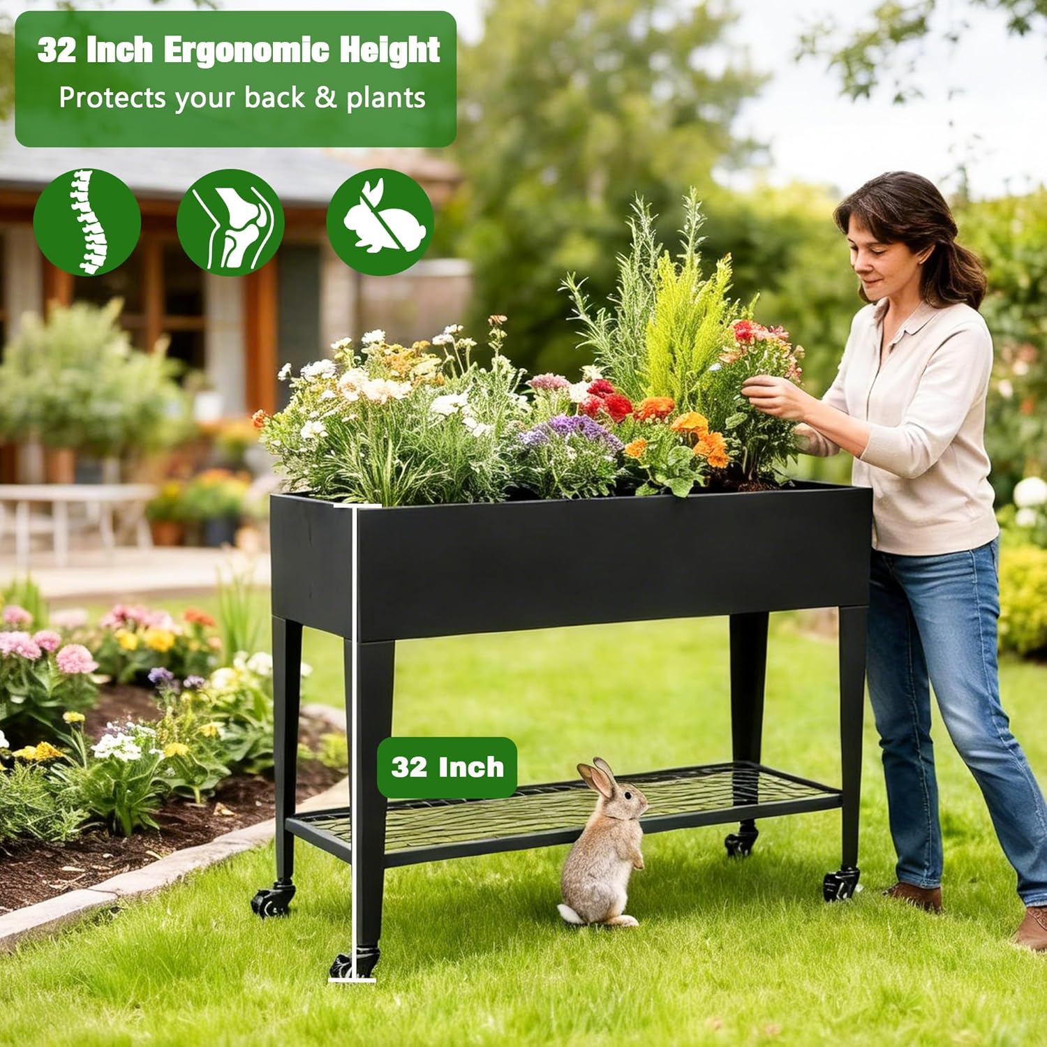 Foldable Raised Garden Bed with Wheels, 38 x 14 x 32 Inch Galvanized Steel Elevated Planter with Storage Shelves, Rolling Outdoor Planter Box for Herbs, Vegetables & Flowers, Black