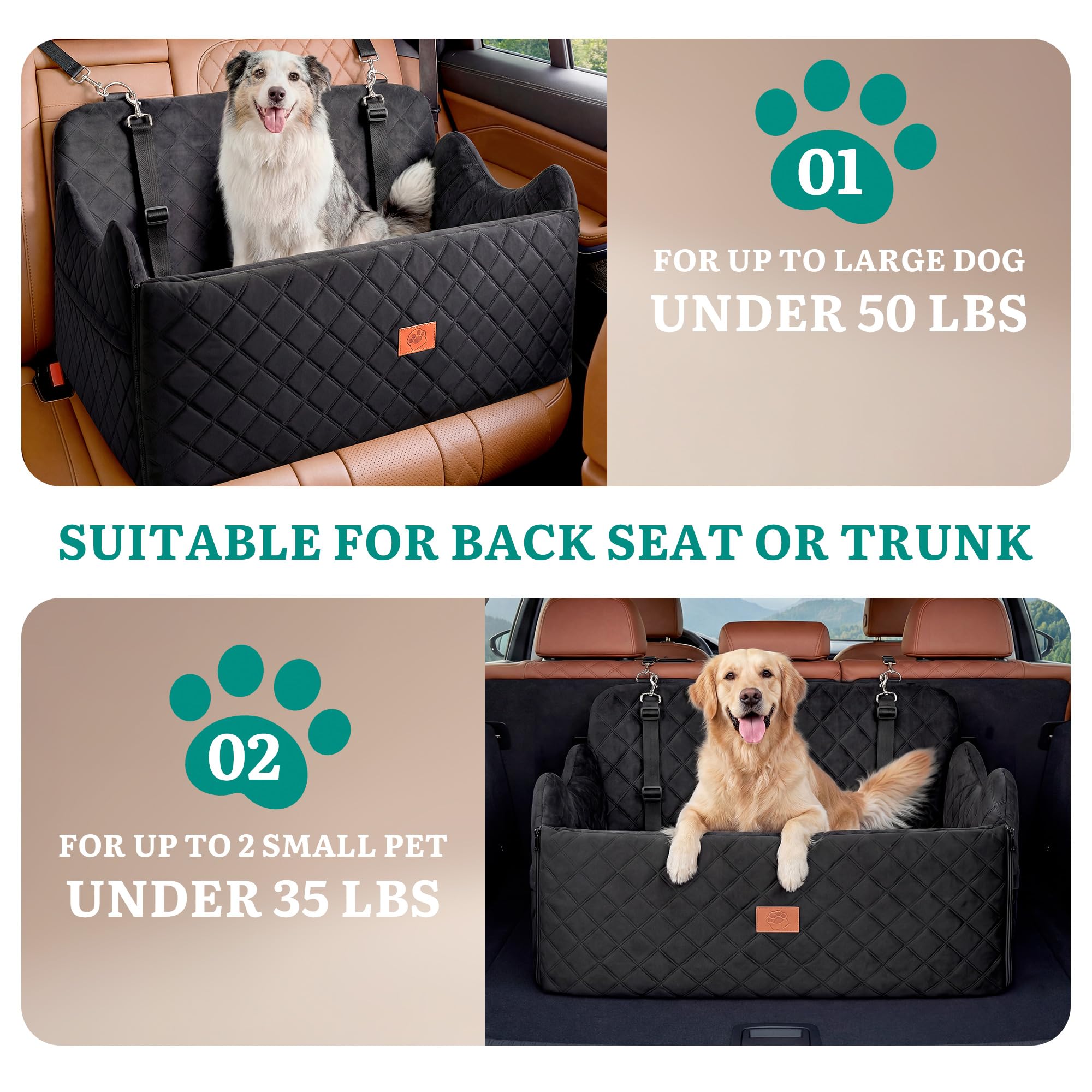 YITAHOME Hundesitz für große und mittelgroße Hunde,Reisebettb Haustiere mit Memory Schaumstoff unter 55 lbs Sitzhöhe 4,3",zwei seitliche Aufbewahrungstaschen, rutschfestes, 2 Sicherheitsgurte(Schwarz)
