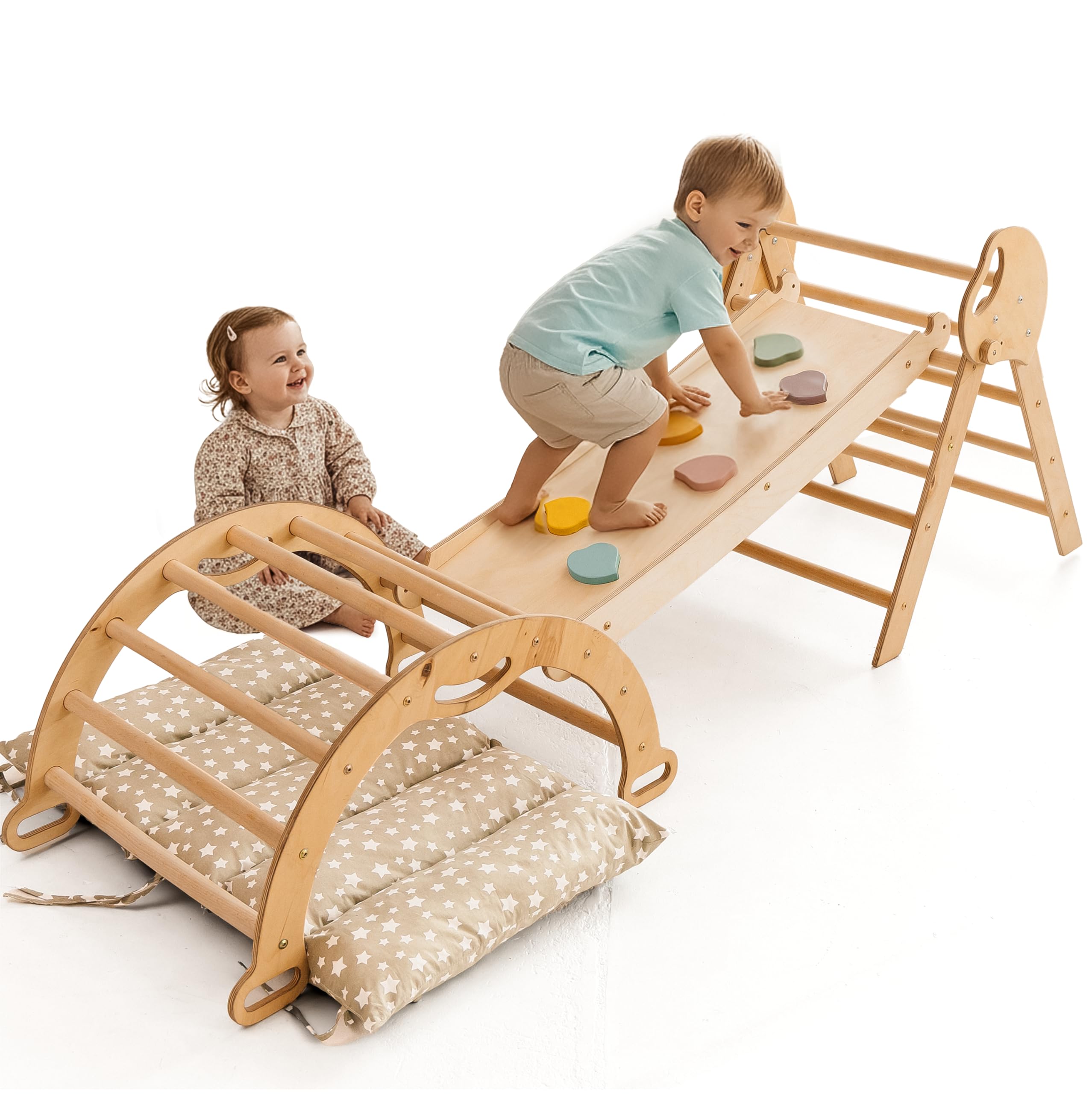Goodevas Montessori zestaw rusztowań wspinaczkowych 5 w 1: do wnętrz, trójkąt wspinaczkowy, łuk wspinaczkowy z poduszką i zjeżdżalnią dla dzieci, plac zabaw dla dzieci w wieku 1-3 lat