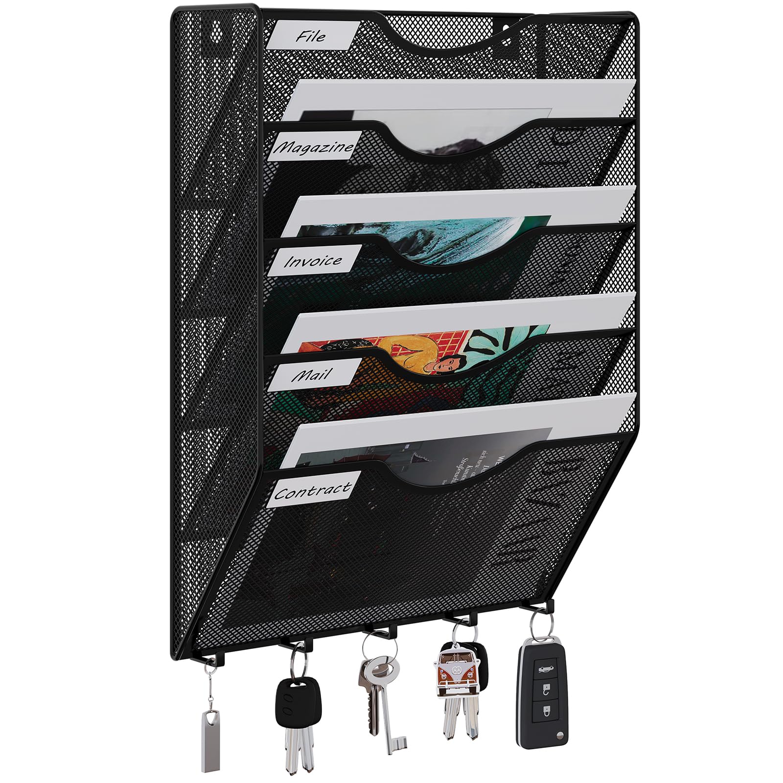EasyPAG Metal 5 Tier A4 Wall Mounted Document Holder,Hanging Wall File Organiser,Pigeon Holes Storage,Filing Tray,Wall Pocket,Magazine Rack with 5 Hooks for Office & Home,Black