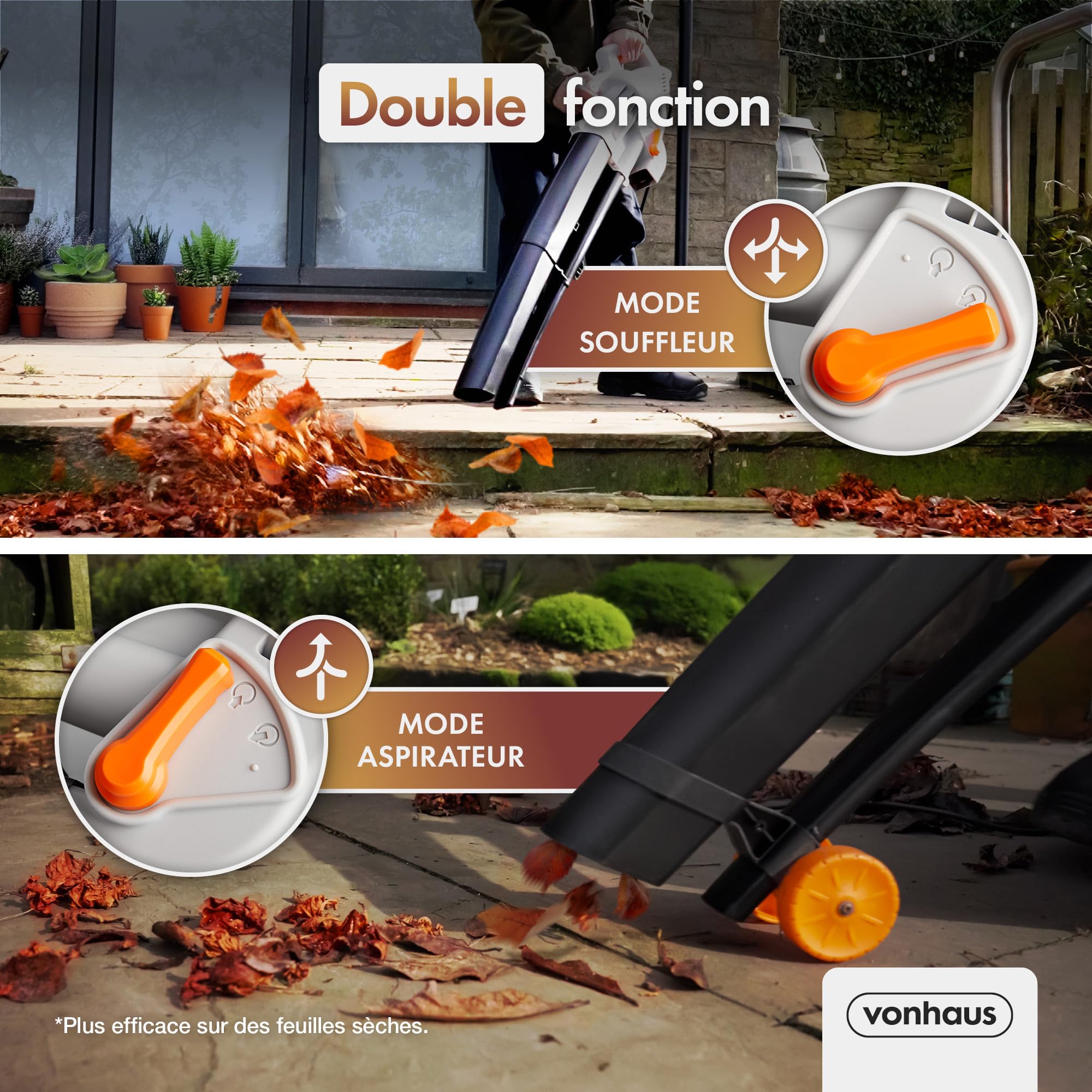 VonHaus Aspirateur Souffleur de Feuilles 3 000 W - Aspirateur Ramasse Feuilles Filaire, Nettoie Les Jardins, Gouttières, Allées, etc. - Bandoulière, roulettes, 35L Collection Sac