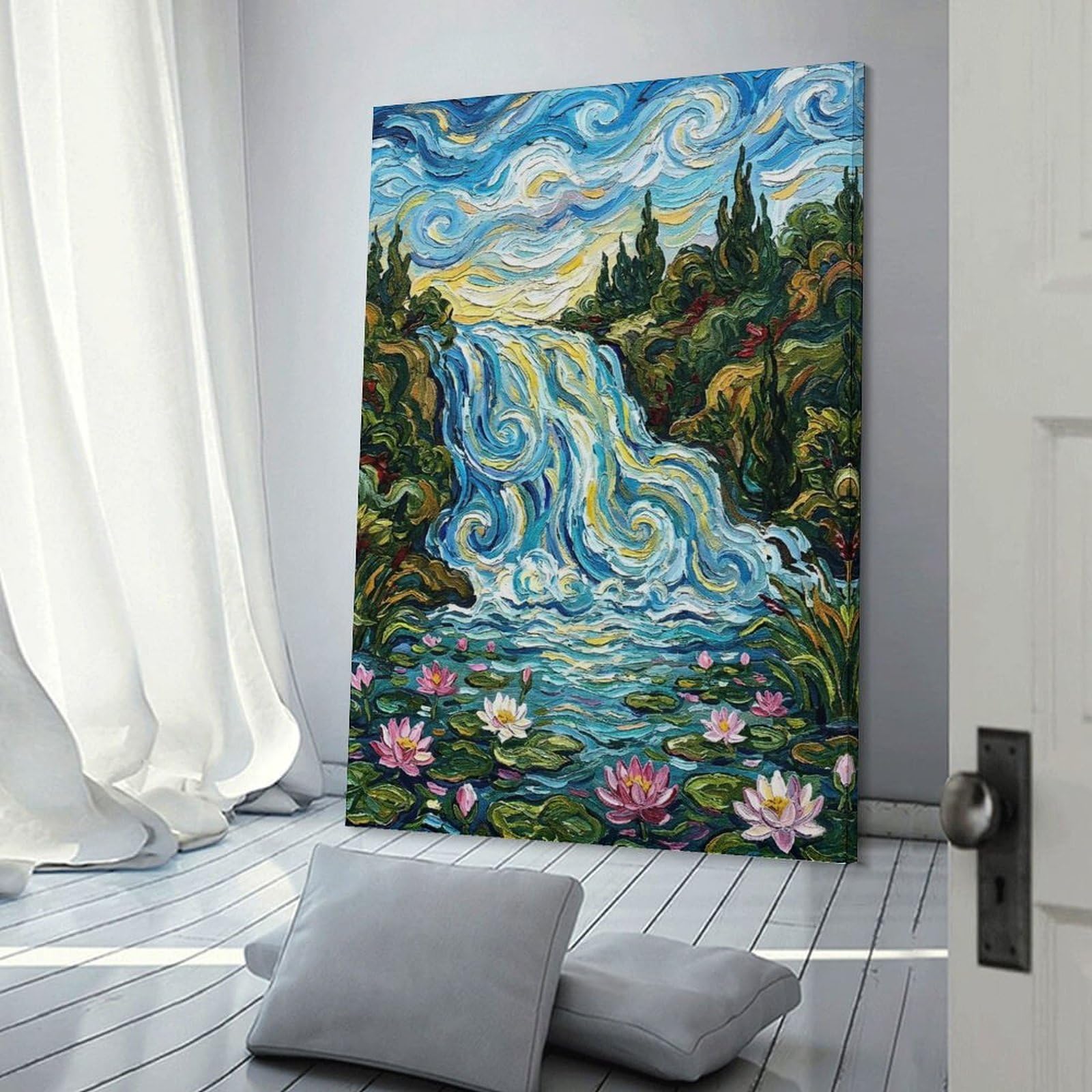 Junmoney Room Decor Wall Art Impressionistic Waterfall with Water Lilies, 20x30inch(50x75cm), for Home Office, Desk Area Or Studio, An Interior Accent for Desk Areas