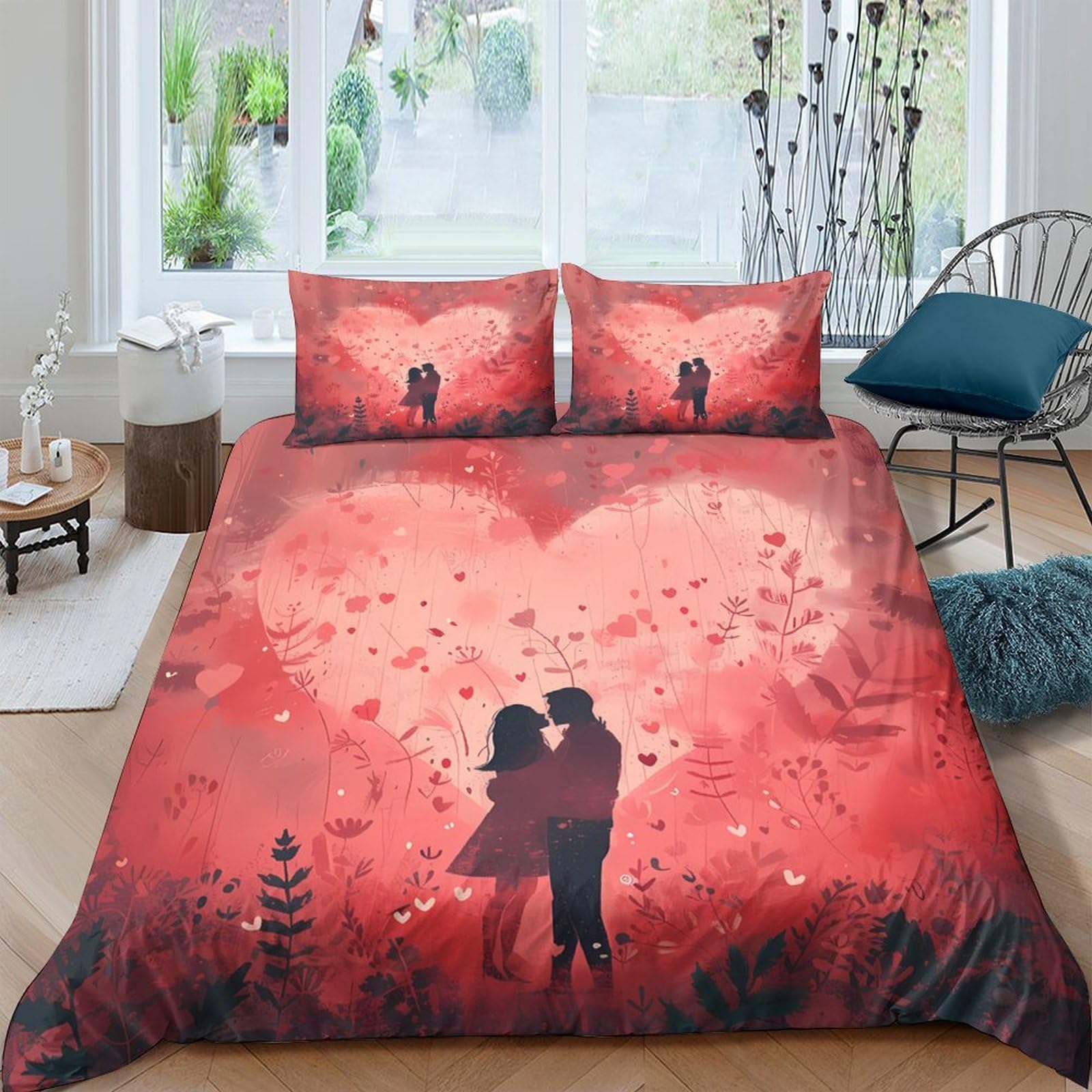 Ctjqhvkz Style-2 3D Printed Romantic Couple Heart Fitted Sheet Microfiber Soft Red Silhouette Bed Cover For Bedroom Guest Room Decor Single（135X200cm）