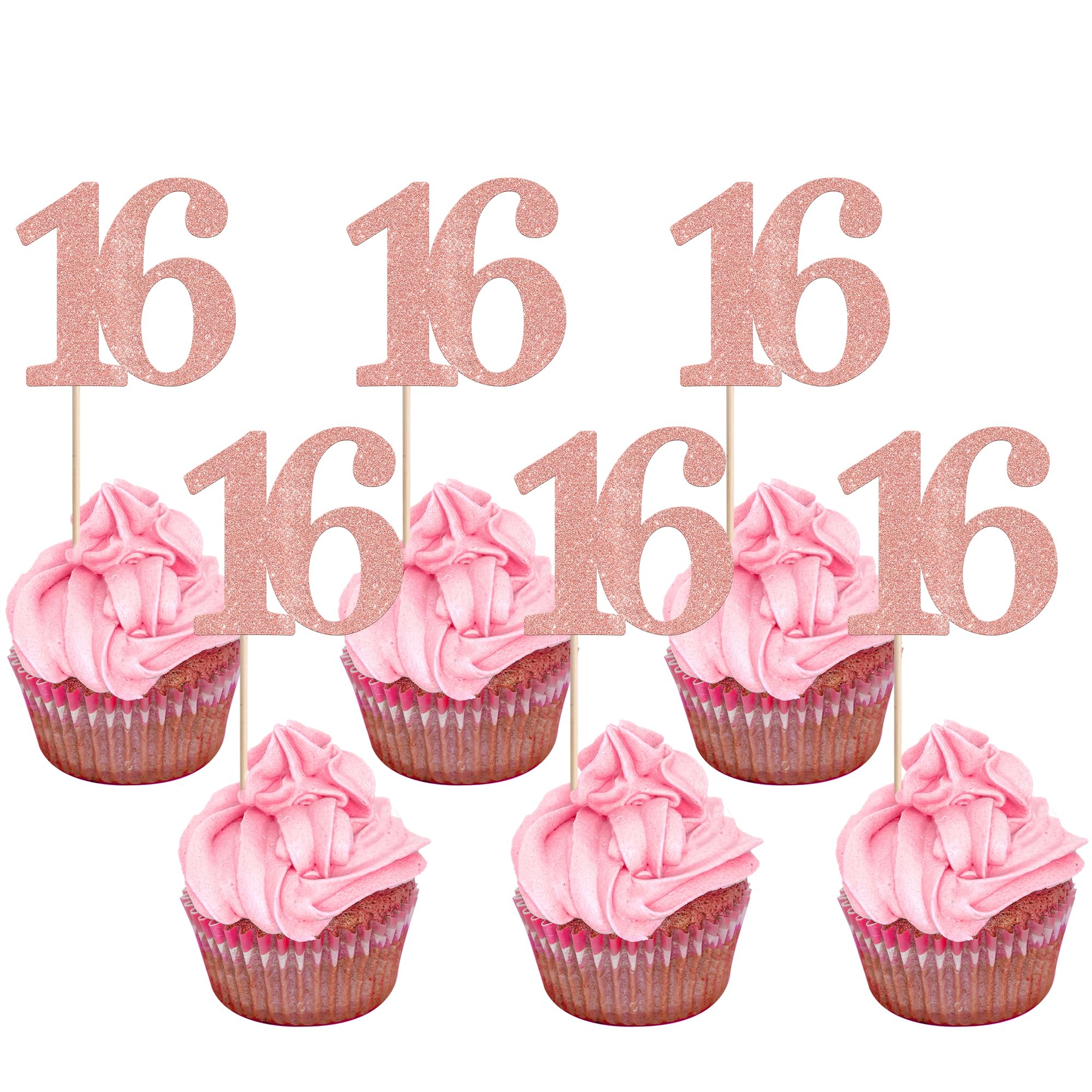 Xsstarmi 36 Pack Number 16 Cupcake Toppers Glitter Cheers to 16 Years Birthday Cupcake Picks Decoration for Happy 16th Birthday Wedding Anniversary Party Cake Decorations Rose Gold