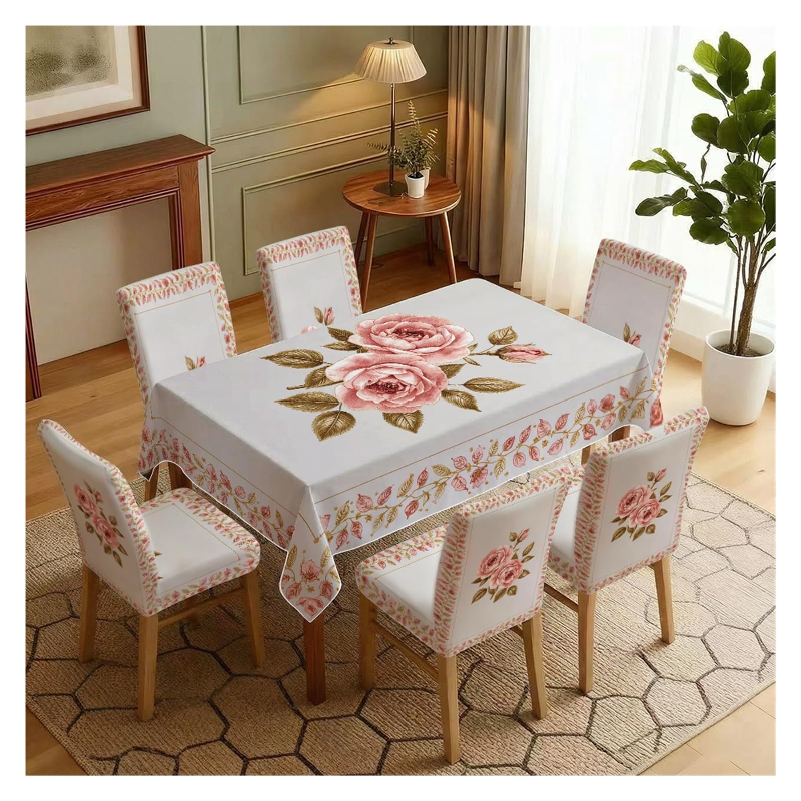 KXUAUV Stretch Dining Chair Slipcover & Tablecloth Set, Vintage Pink Rose Print, 5/7 Pack, For Bridal Tea Party Cottage Brunch Romantic Home Decor Party Decor(7pcs Set: Tablecloth+Chair Covers)