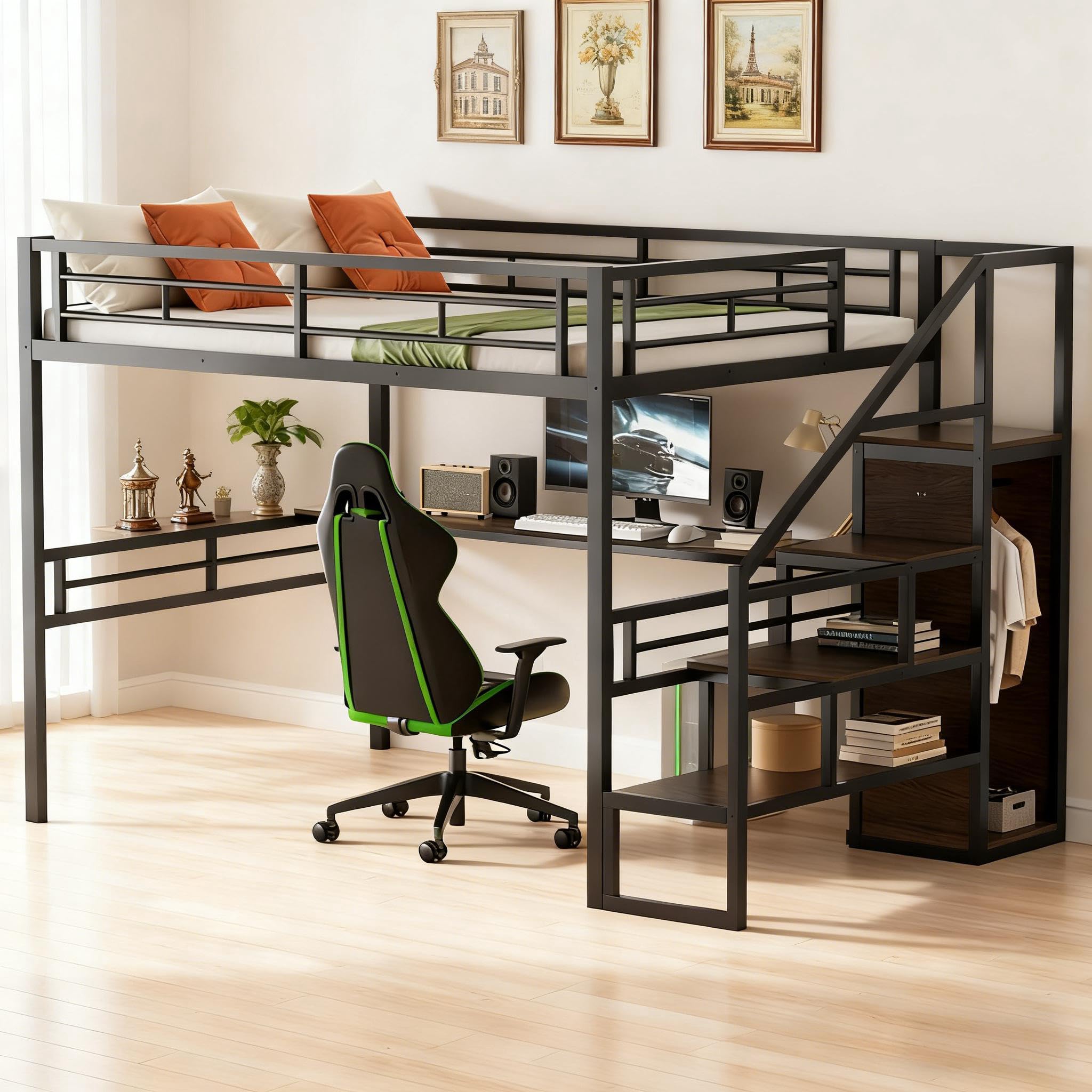 Photo 1 of [CLERK NOTES!!] [MISSING SEVERAL PARTS] KMBOHE Queen Size Loft Bed with Built-in Desk, Closet & Staircase Storage, Sturdy Metal Frame with Safety Handrail & Guardrail, No Box Spring Needed, Bed for Small Rooms, Black