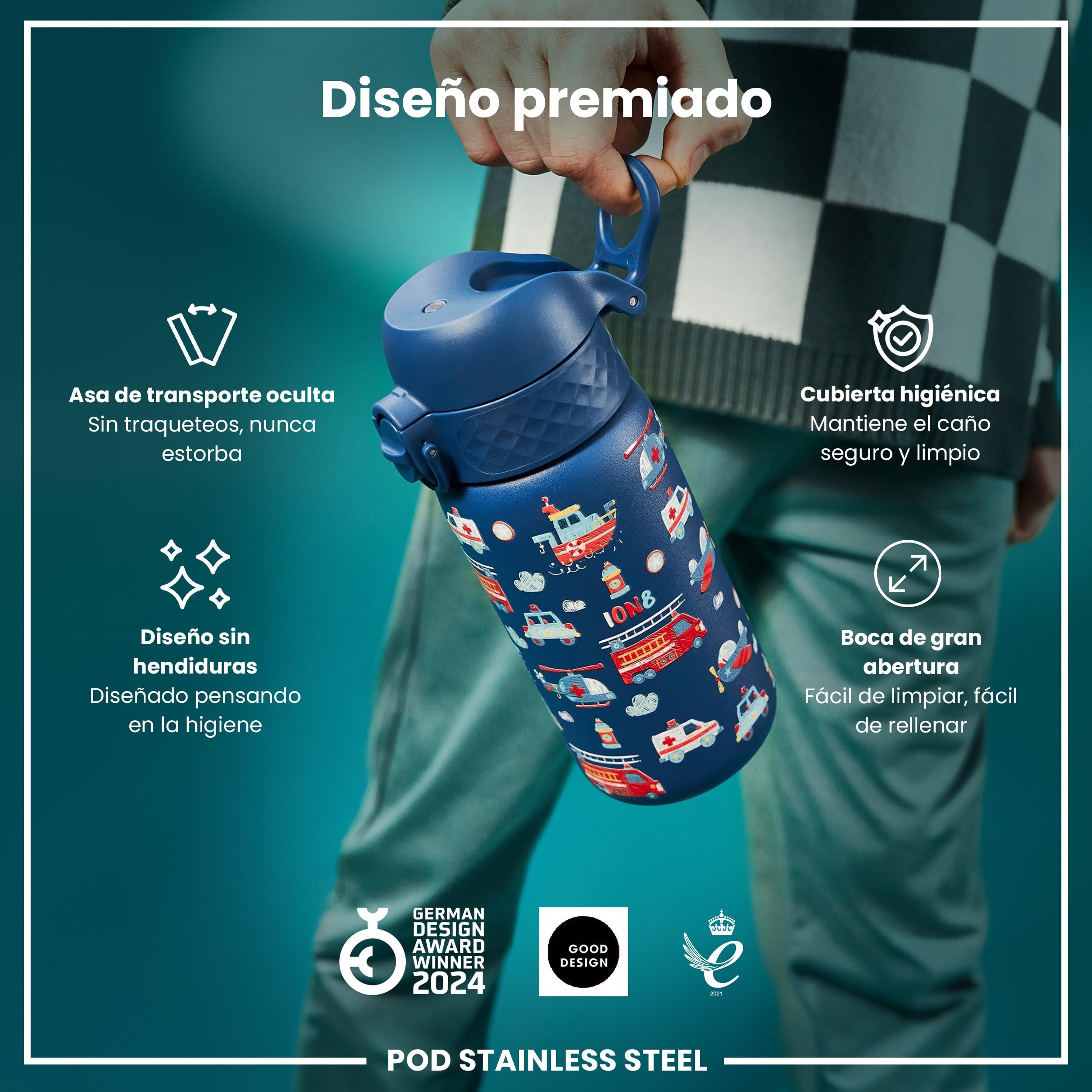 ion8 Botellas de Agua, a Prueba de Fugas, Fácil de Abrir, Cierre Seguro, Apta para Lavavajillas, Libre de BPA, Tapa Higiénica Abatible, Asa de Transporte, Fácil Limpieza