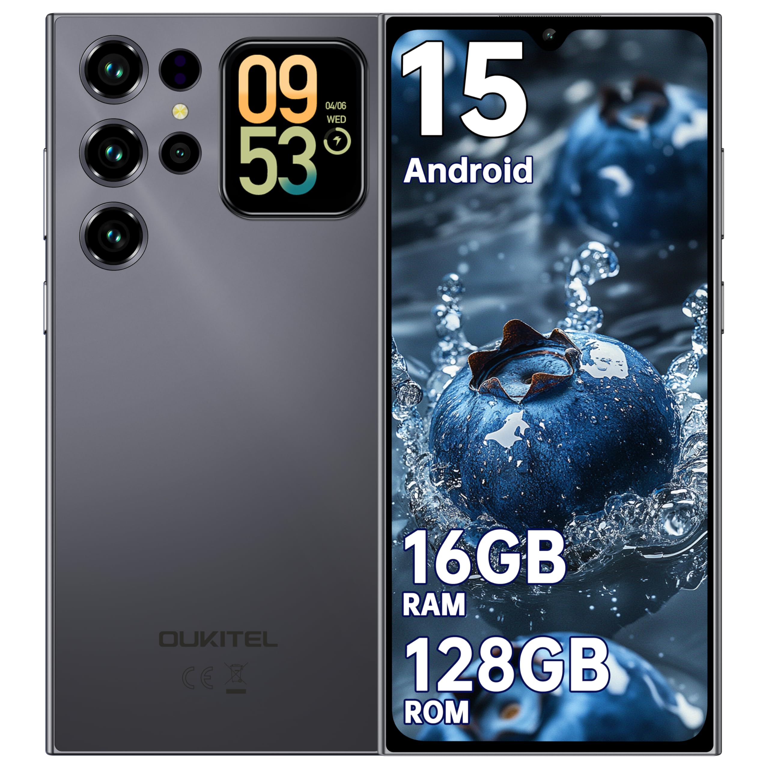 OUKITEL C62 Smartphone Android 15 con Schermo Posterioren, 16GB +128GB/1TB Telefono Cellulare, 6.88" HD+ 90Hz, 5150mAh, 13MP+5MP, Cellulari e Smartphone Dual SIM 4G, Face ID/Fingerprint/OTG - Nero