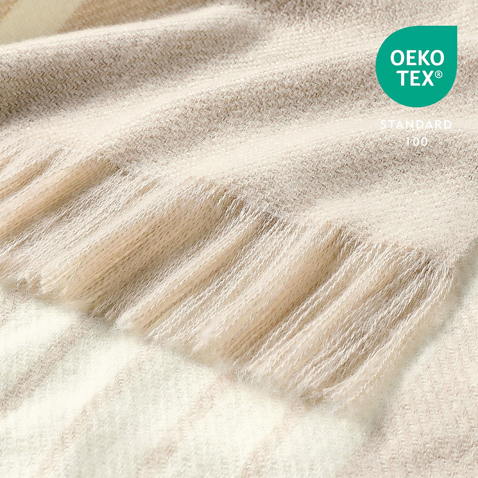 BOURINA Coperta in maglia a righe spazzolate con frange beige 127 x 152 cm