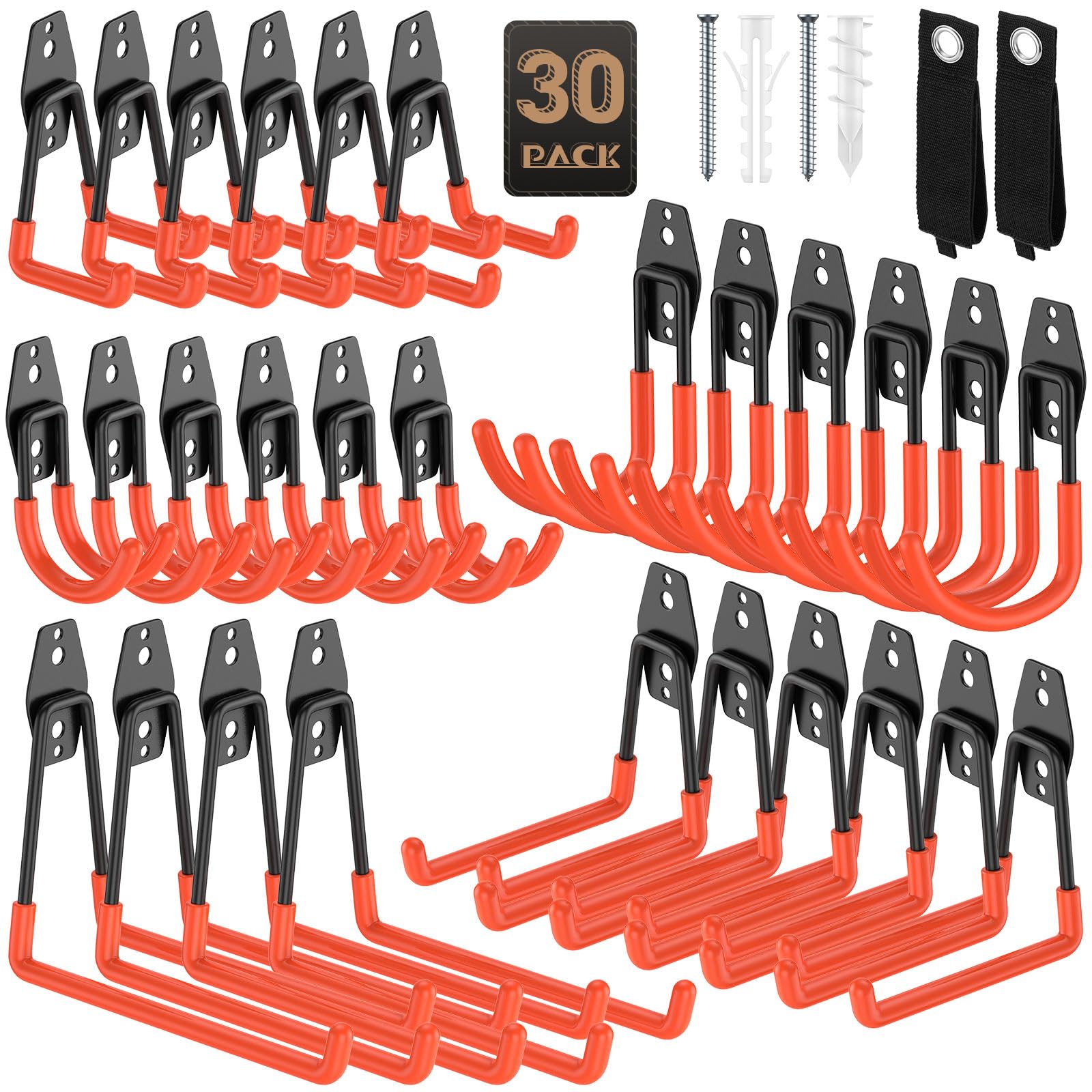YouthZeal 30 Pack Utility Steel Heavy Duty Wall Mount Garage Hooks,with Anti-Slip Coating,for Hanging Bikes,Ladder,Ropes,Bulk Items,Power,Yard and