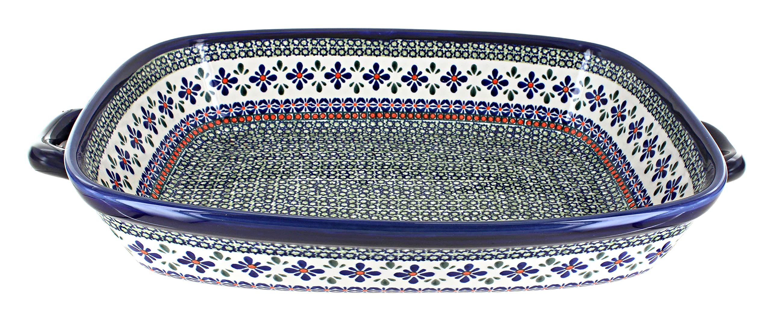 Blue Rose Polish Pottery Mosaic Flower Extra Large Baker with Handles