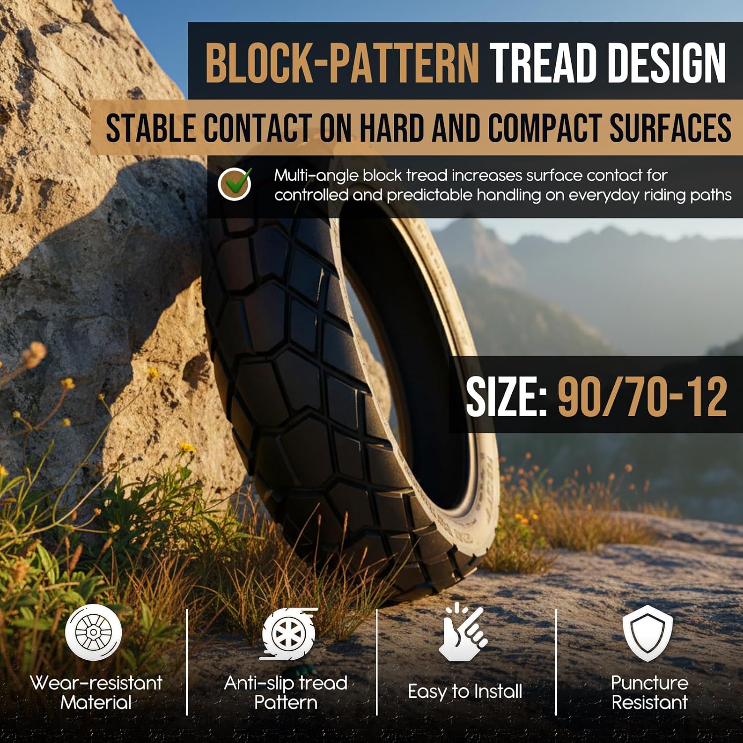 90/70-12 Tire, 90 70 12 Neumatico 8PR Tubeless Reinforced Nylon Casing, 46L Load Rating, Max Load 374 lbs, Semi-Soft Compound Block Tread, 300 kPa Rated Pressure