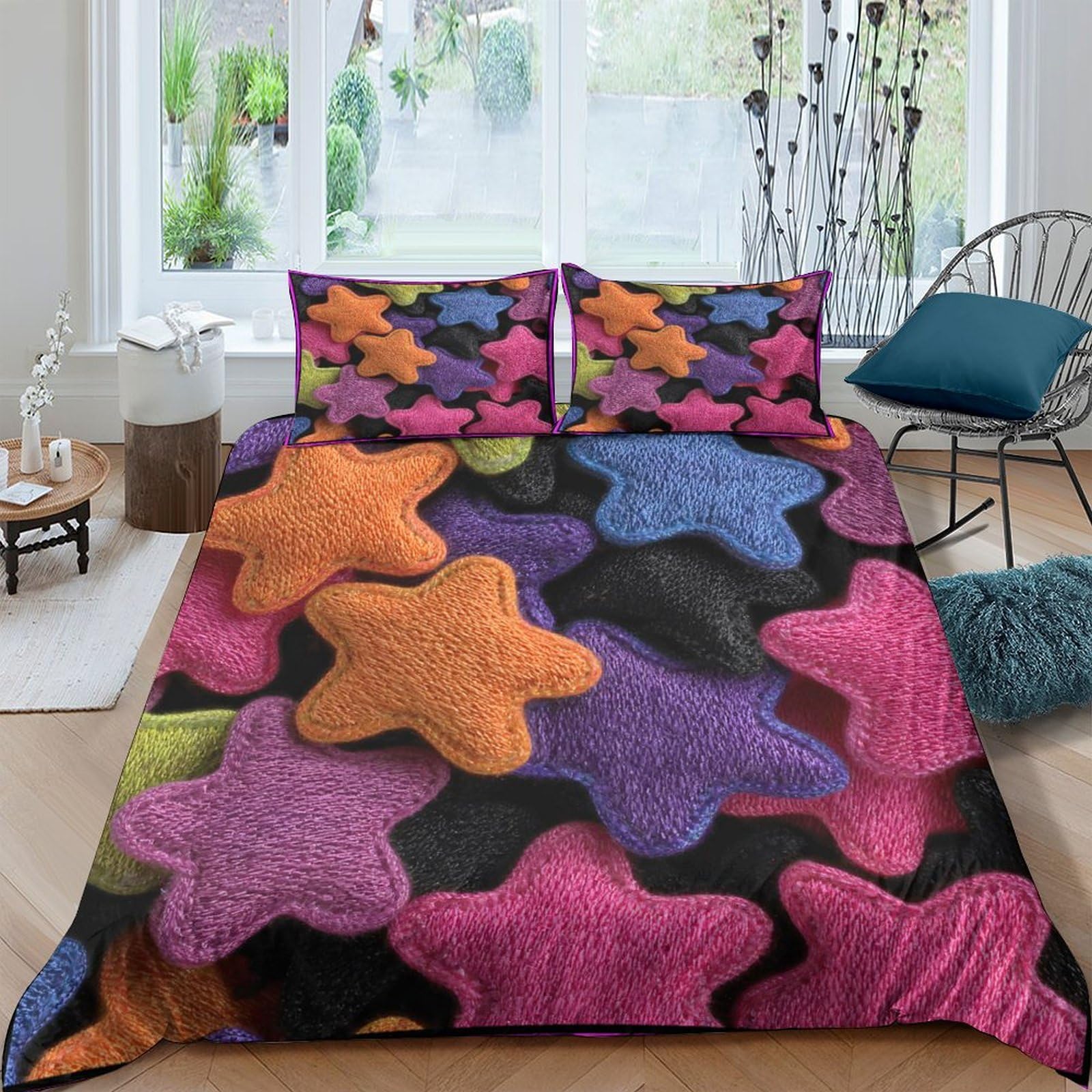 Unrxjzlvm Style-1 Colourful Star Pattern Duvet Set Microfiber Teen Bedding
