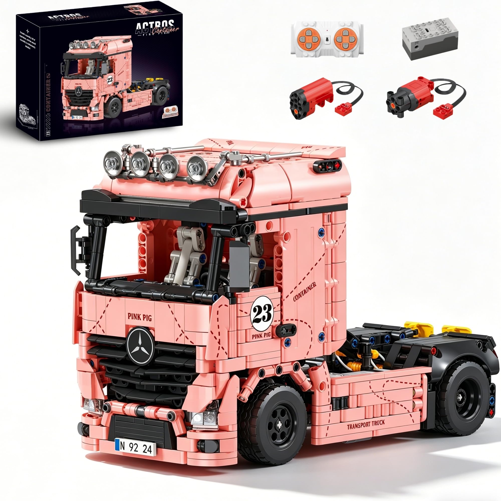 Technik Actros LKW Klemmbausteine Set für Erwachsene, 1296 Teile City Serie Lastwagen Bausteine Bausatz, Pink Pig Serie LKW Klemmbausteine für Idea Geschenk (Dynamische Version)