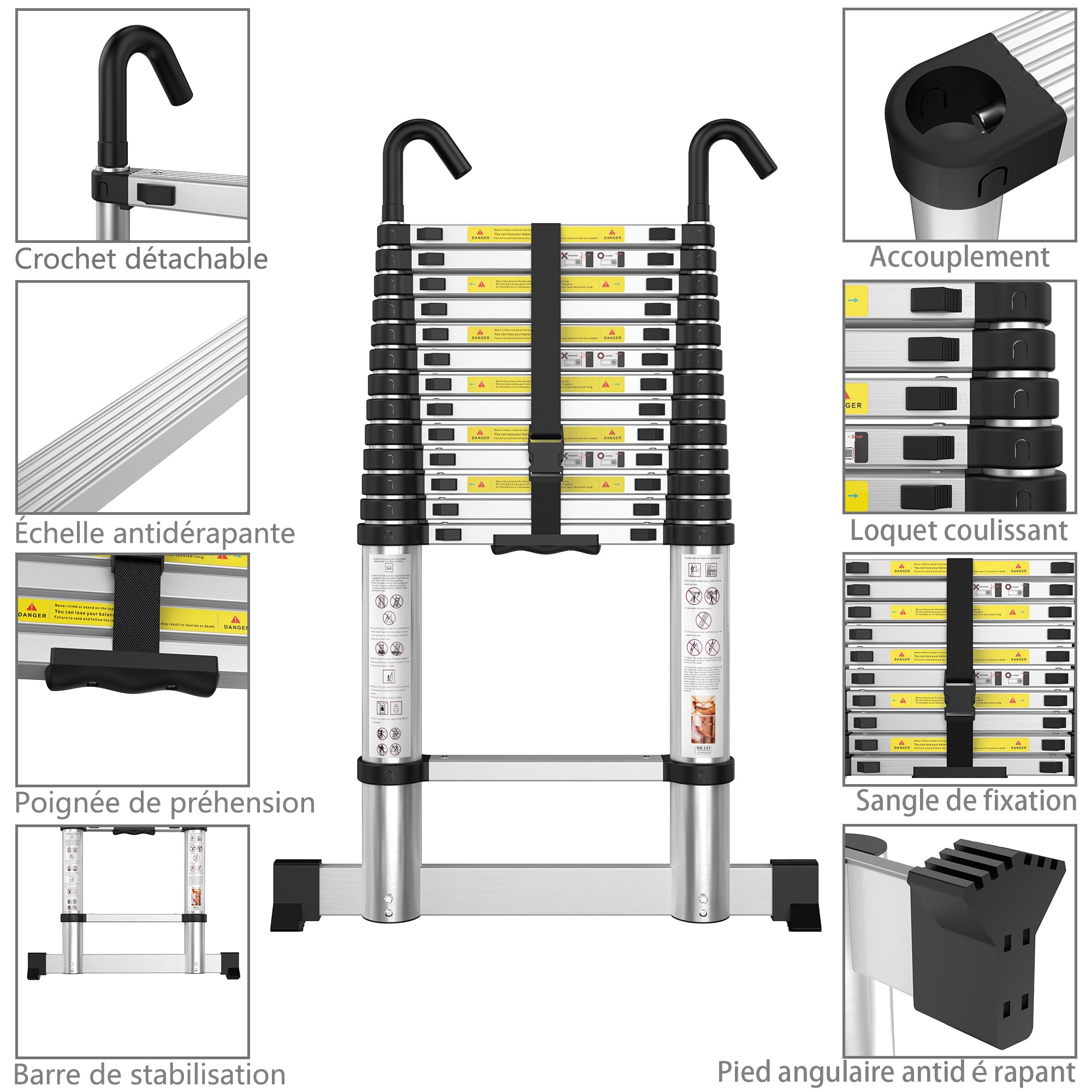 gymount Echelle Telescopique 3,8m en Aluminium Échelle Télescopique, avec Barre Stabilisatrice et Crochets Amovibles, Escabeau Telescopique Portable Convient aux réparations à Domicile, Charge 150 KG