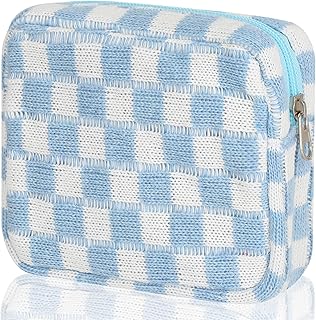 Sanitary Napkin Storage Bag, Menstrual Pad Zipper Bag Checkered Portable Period Bag Panty Liners, Tampon Storage Pouch for Teen Girls Women Ladies Daily Use Storage Purse Travel (Blue)