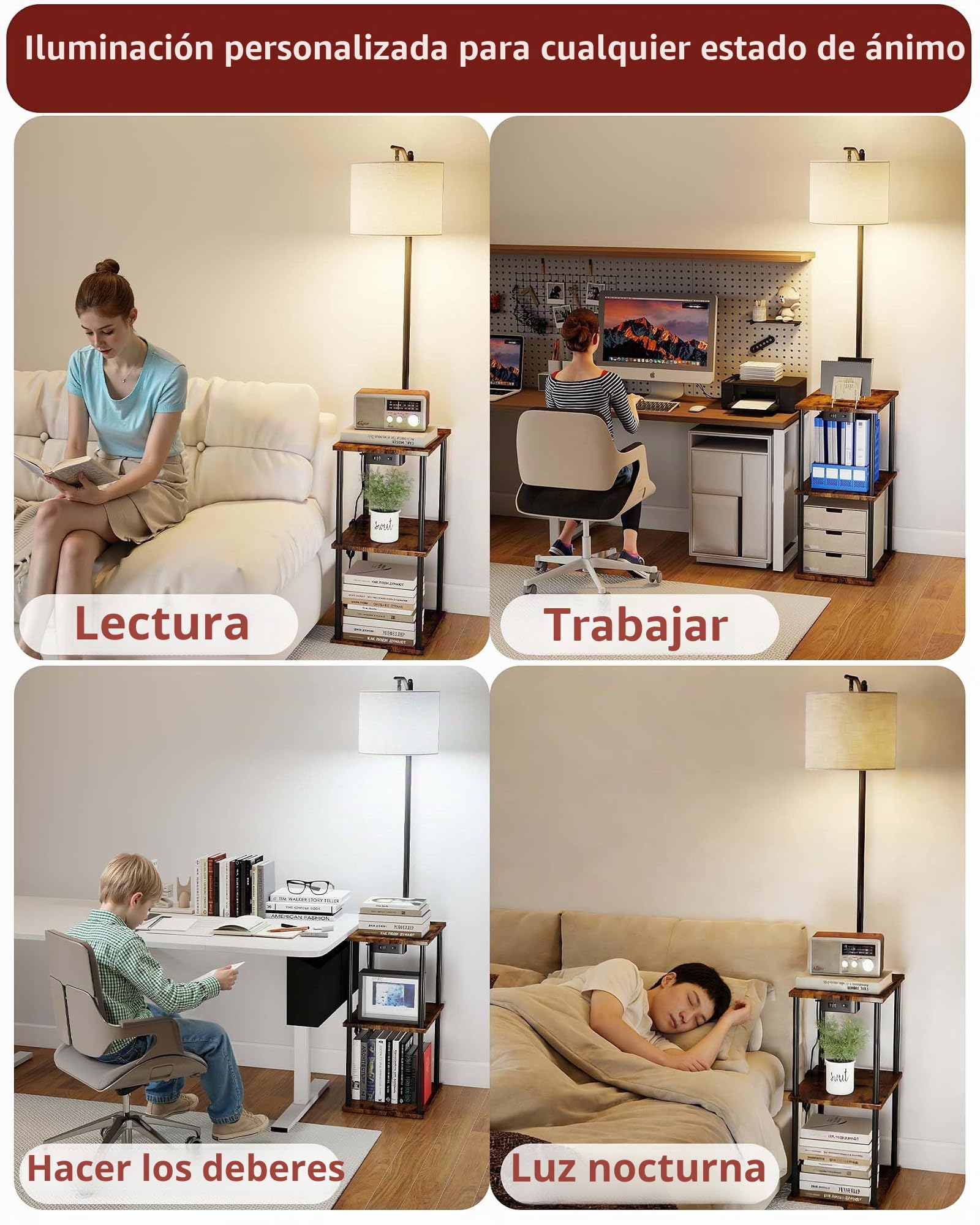 Lampara de Pie con Mesita Regulable Lectura Salon Madera Negra, Lamparas de Pie Para Salon con puertos USB y Taye - C, Floor Lamp for Living Room multifuncionales y modernas