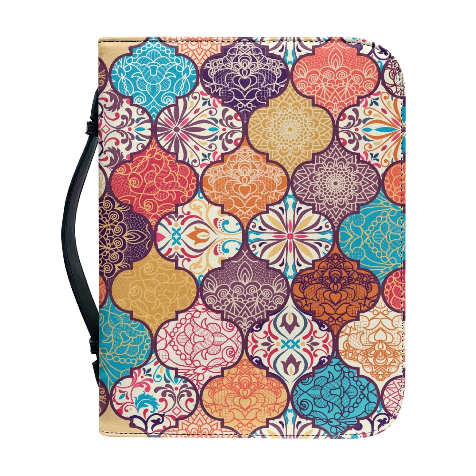 Kuiaobaty Moroccan Pattern Bible Cover Carrying Book Case with Inside Slots for Pen,Phone, Colorful Zipper Book Bag PU Leather — image 1