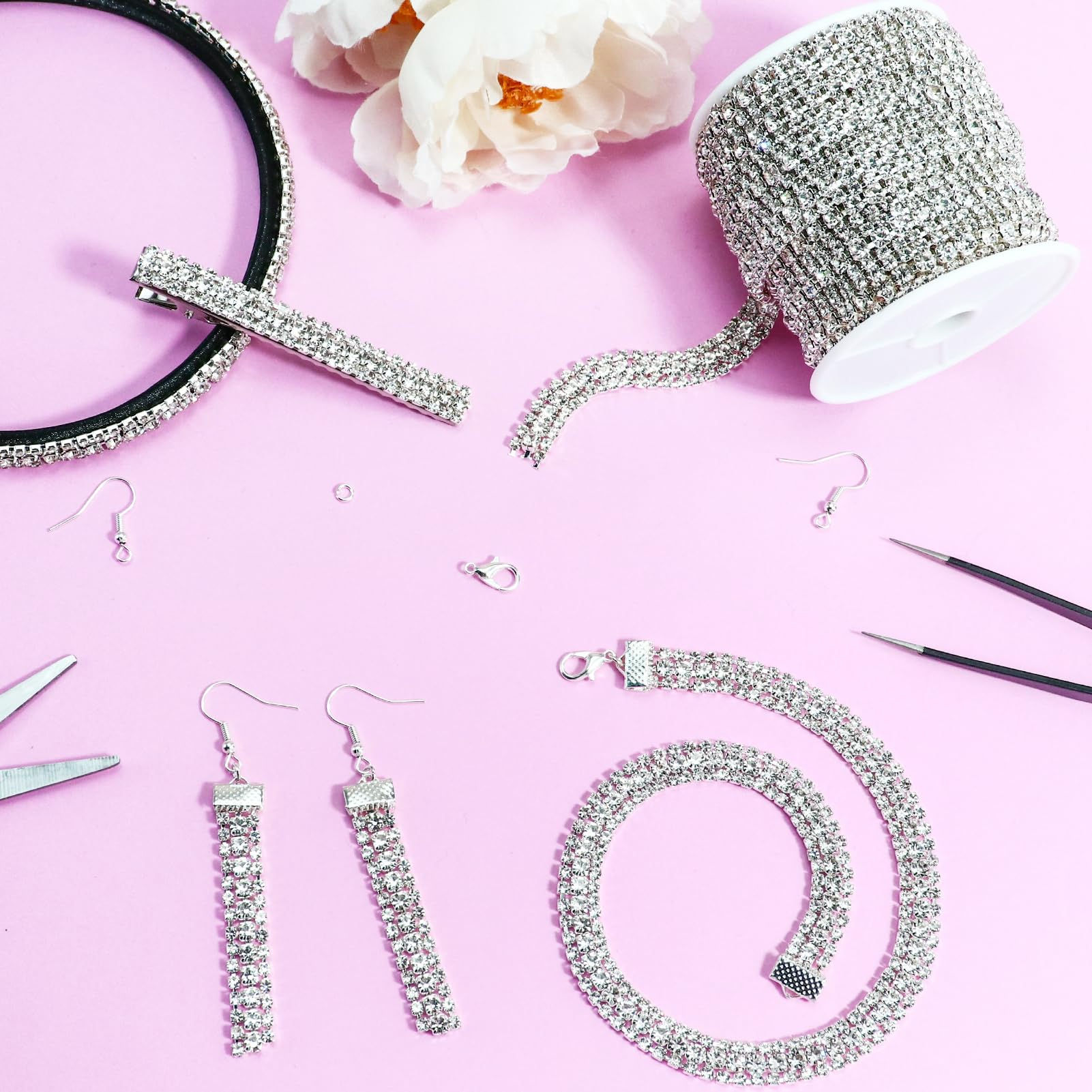 Towenm 3 Yards 3 Rows Crystal Rhinestone Chain Trim for Crafts, Rhinestone Close Chain for Jewelry Making, Wedding Cake, Bouquet, Clothes, Cups, Rhinestone Sewing Trim, Silver Base with AB Rhinestones 2