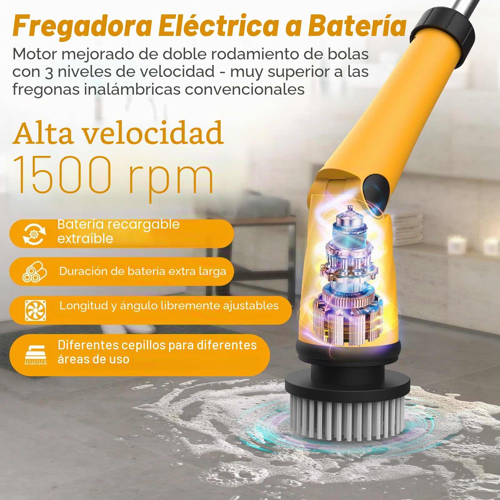 Qimedo Scrubber eléctrico 1500 RPM Power Scrubber con batería Recargable Cepillo de Limpieza eléctrico con 8 Cabezales Intercambiables para Ducha, baño, Suelo y Fregadero