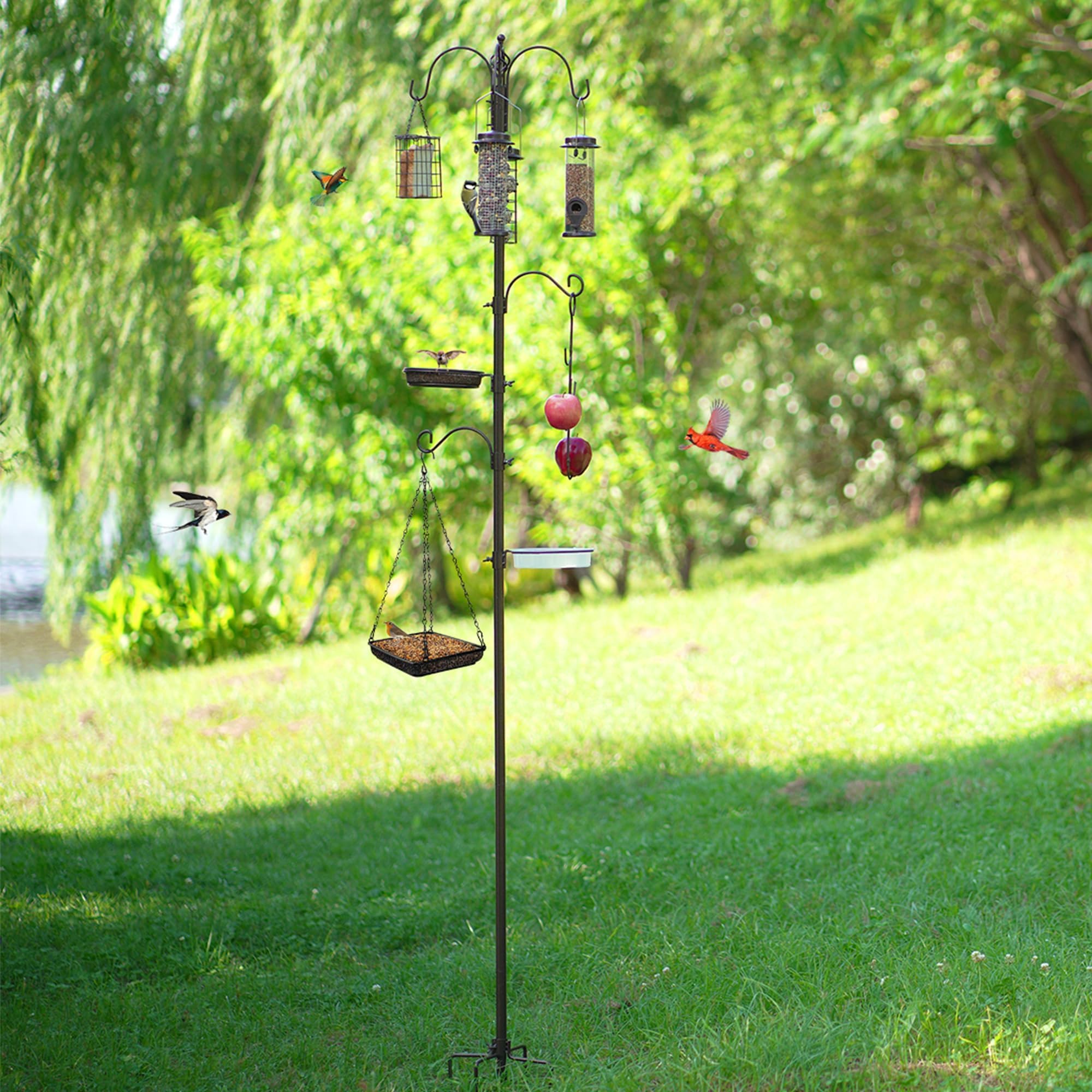 Estación de comedero para pájaros con jaula de sebo y cuenco de agua, gancho de frutas, poste ajustable, 6 ganchos para colgar para pájaros silvestres, kit de alimentación de pájaros de jardín al aire