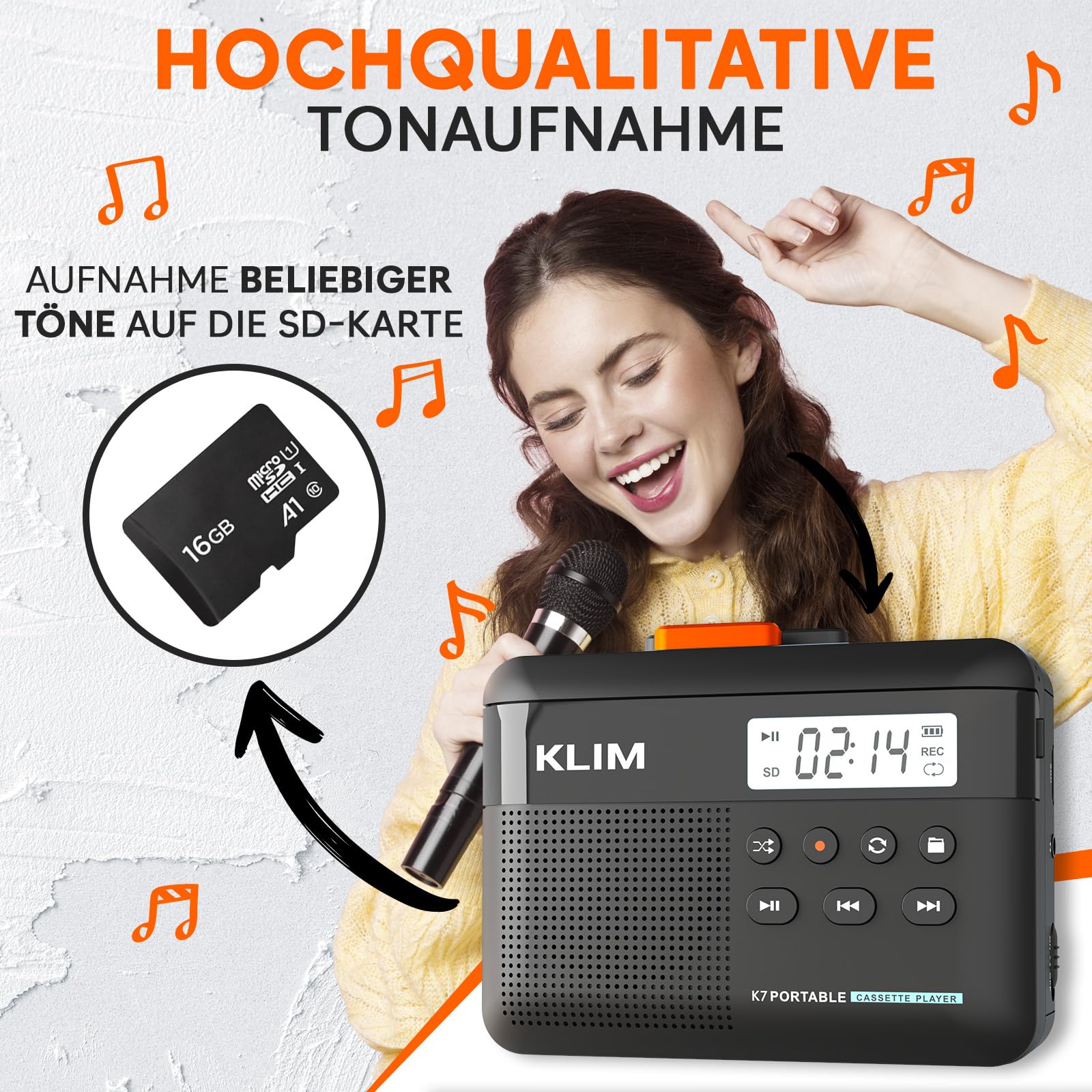 Kassettenspieler 16GB SD-Karte - Cassette Gerät - Kassetten Digitalisieren - Tragbarer Kassettenrekorder - Mikrofon & Lautsprecher - Wiederaufladbarer Aufladbar - Stereoausgang - Schwarz-Orange
