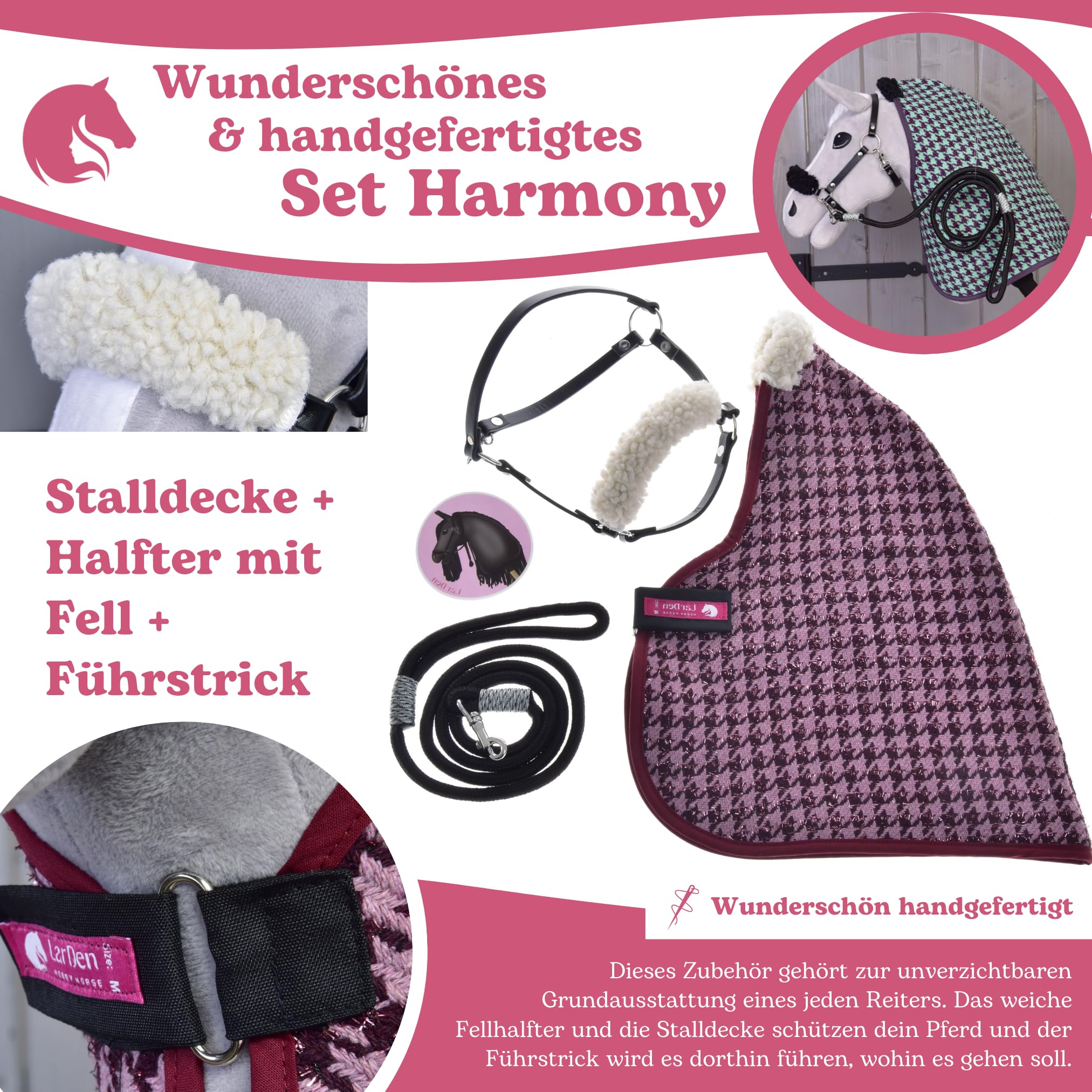 LarDen Hobby Horse Zubehör Set Harmony - Stalldecke, Halfter mit Fell, Führstrick | HANDGEFERTIGT | Große S | Steckenpferd - ELSA, Stockpferd Set, Hobby Horsing Pferd, Spielzeug Kinder, Spielpferd