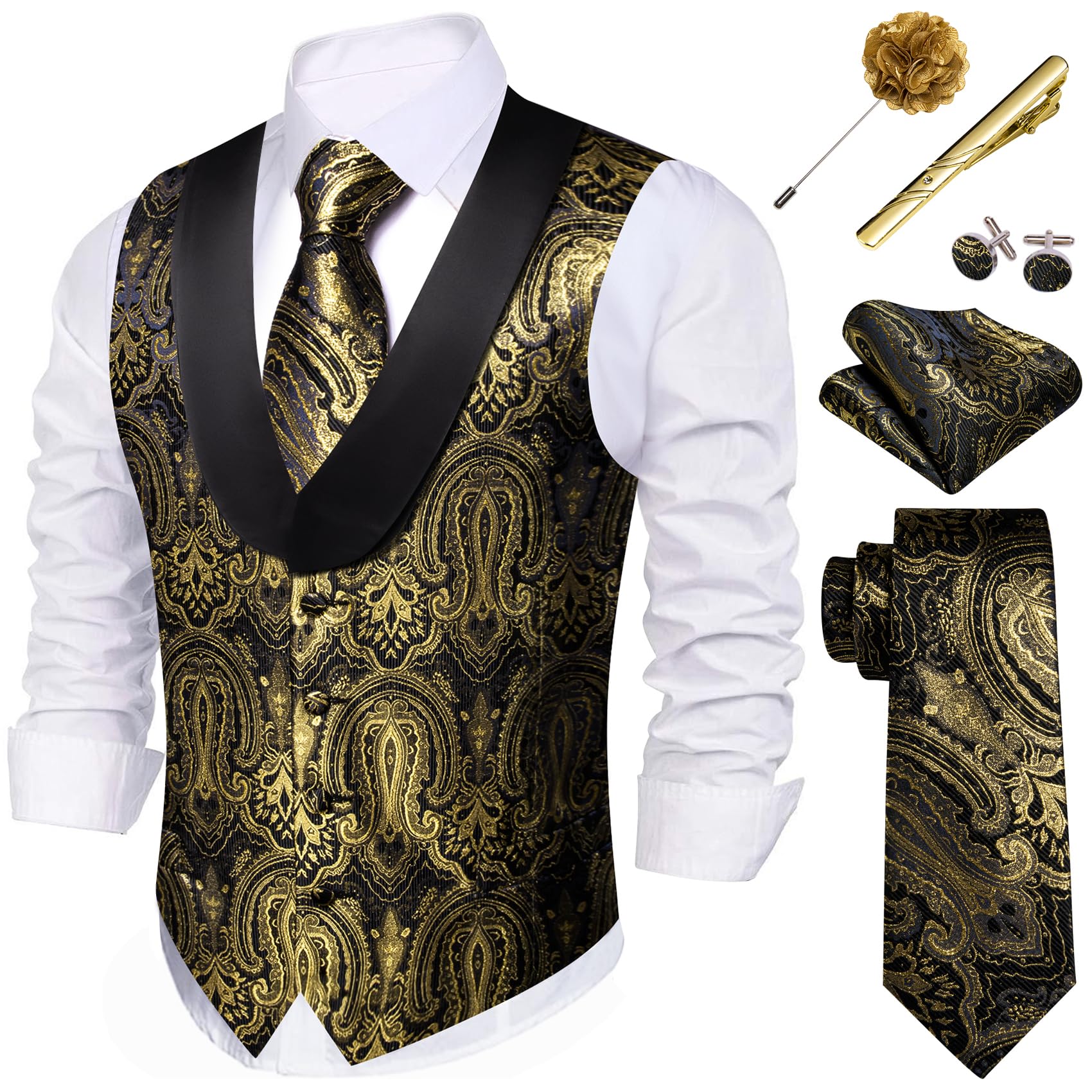 Barry.Wang Mens Paisley Vest Tie Set Silk Jacquard Flower Shawl Collar Suit Waistcoat Tuxedo 6PC Wedding Party