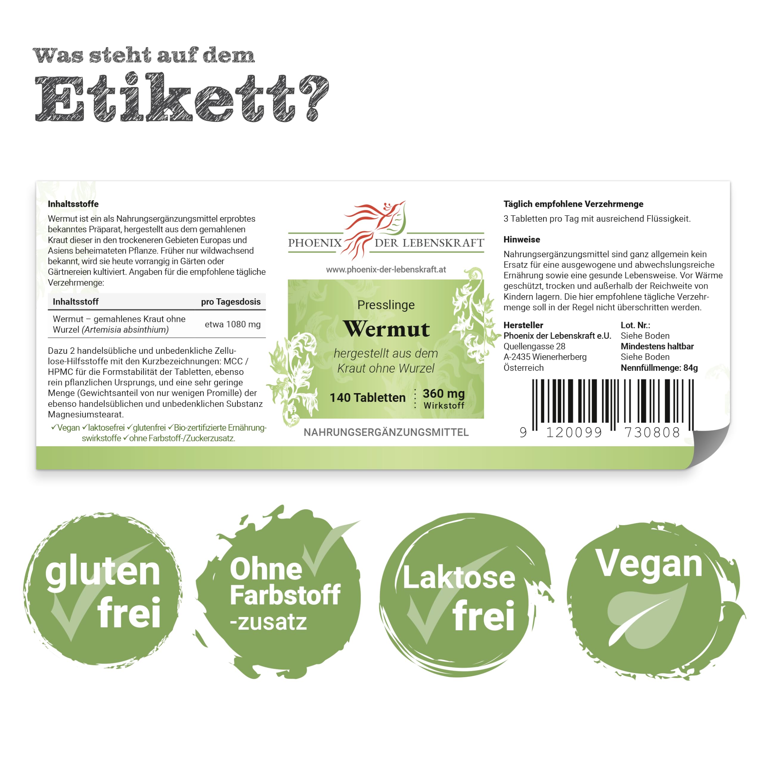 Wermut Tabletten à 360 mg Wirkstoff (Artemisia absinthium, bitterer Beifuß), 140 Tabletten, Premium Qualität, Hergestellt in Österreich, Tabletten statt Kapseln, Vegan