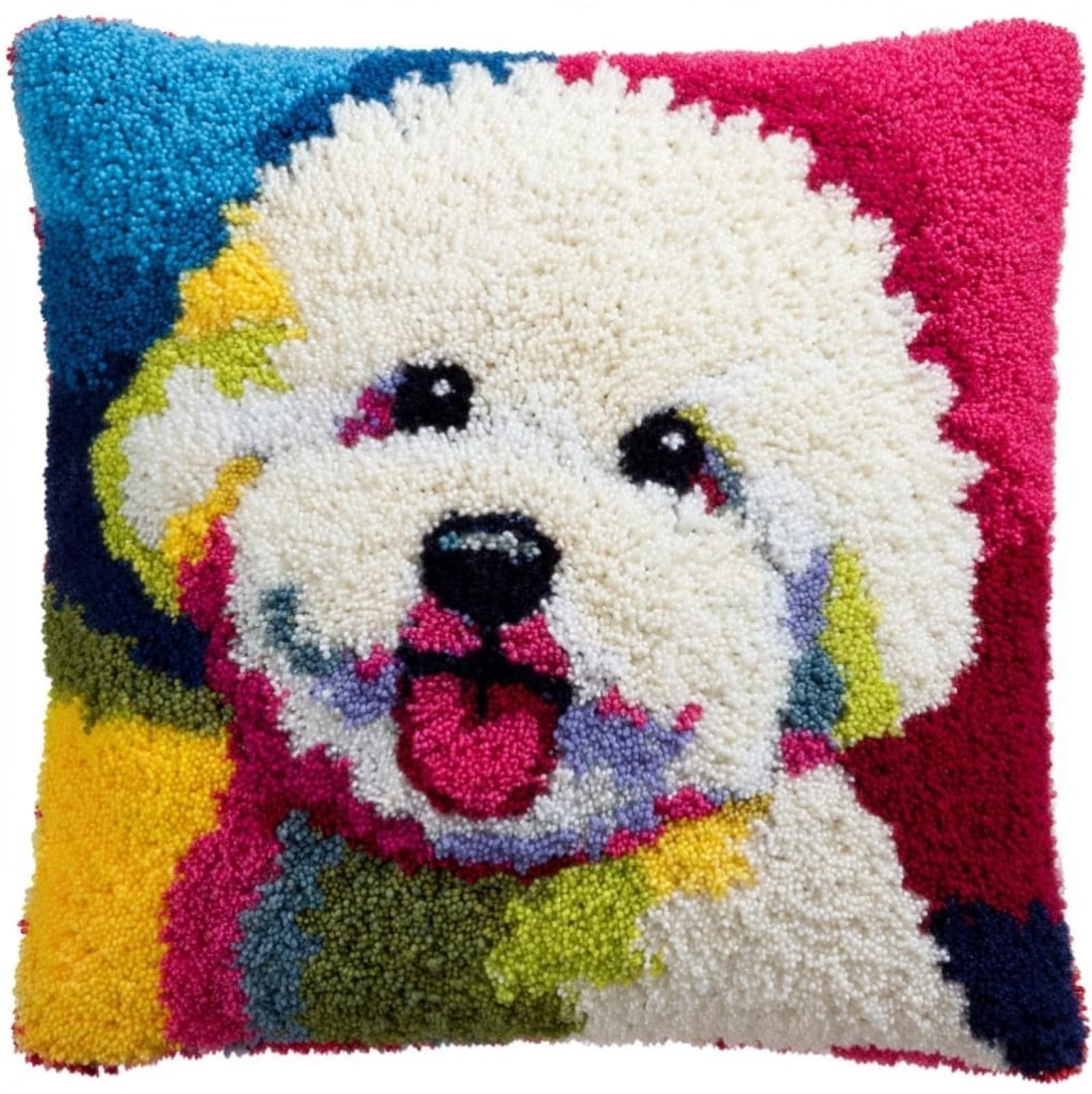 AxiangziK DIY Latch Hook Cushion Kit for Adults,Cute Bichon Frise 17x17in Complete Pillow Cover Craft Set with Tool & Pre-Cut Yarn,Handmade Home Decor for Sofa