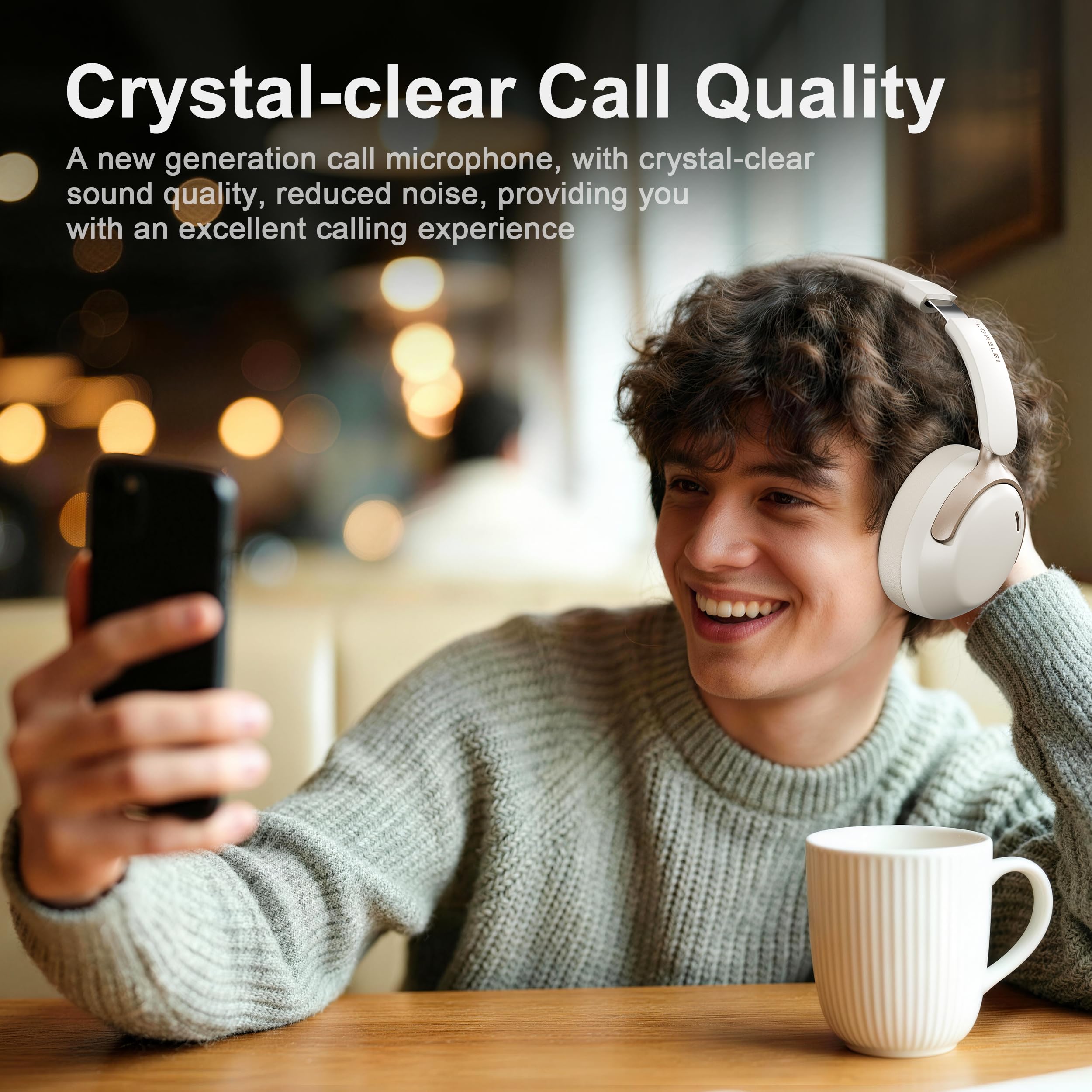 LORELEI QC30 - Cuffie ibride con cancellazione attiva del rumore, Bluetooth wireless over-ear, pelle proteica beige, controllo attivo del rumore e modalità trasparenza, bassi profondi, microfono