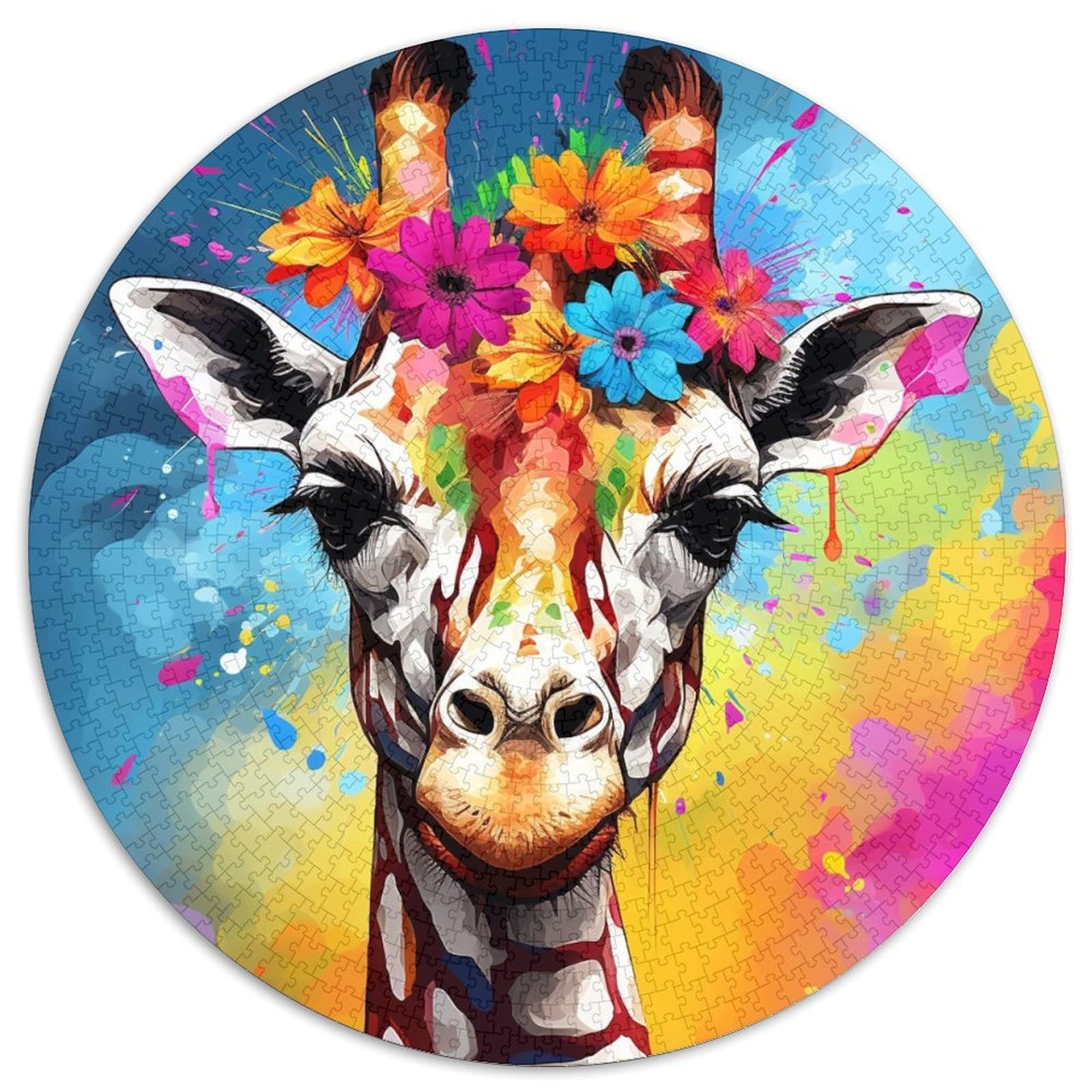 Jigsaw Puzzles for Adults 1000 Giraffe Wearing Flowers Paper Round Puzzles Family Bonding Activity,Unique Gift for Holidays & Birthdays 67.5x67.5cm — image 1