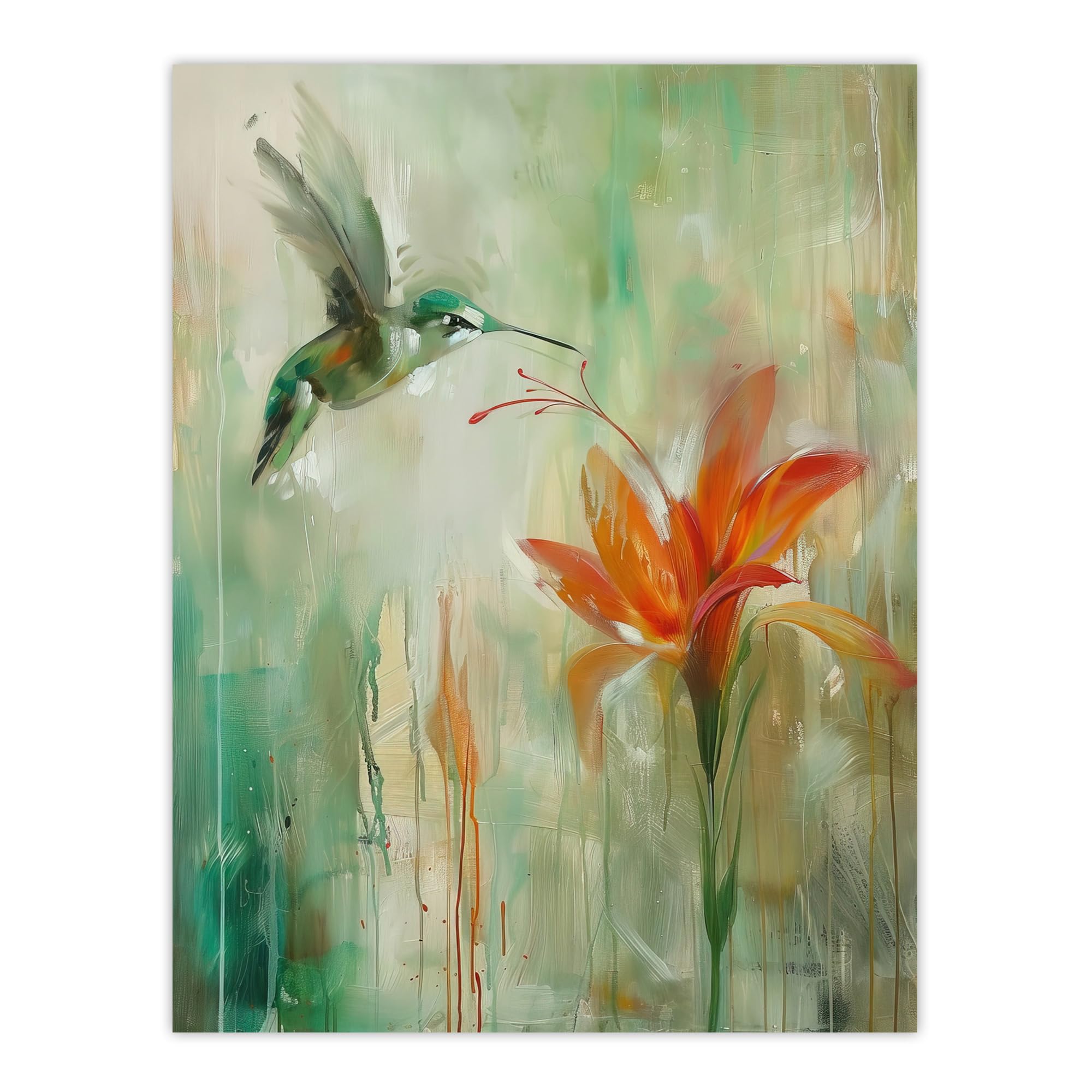Daylily Flower Hummingbird Wall Art Print - Orange Green Painting - W24 inch x H32 inch - Artery8