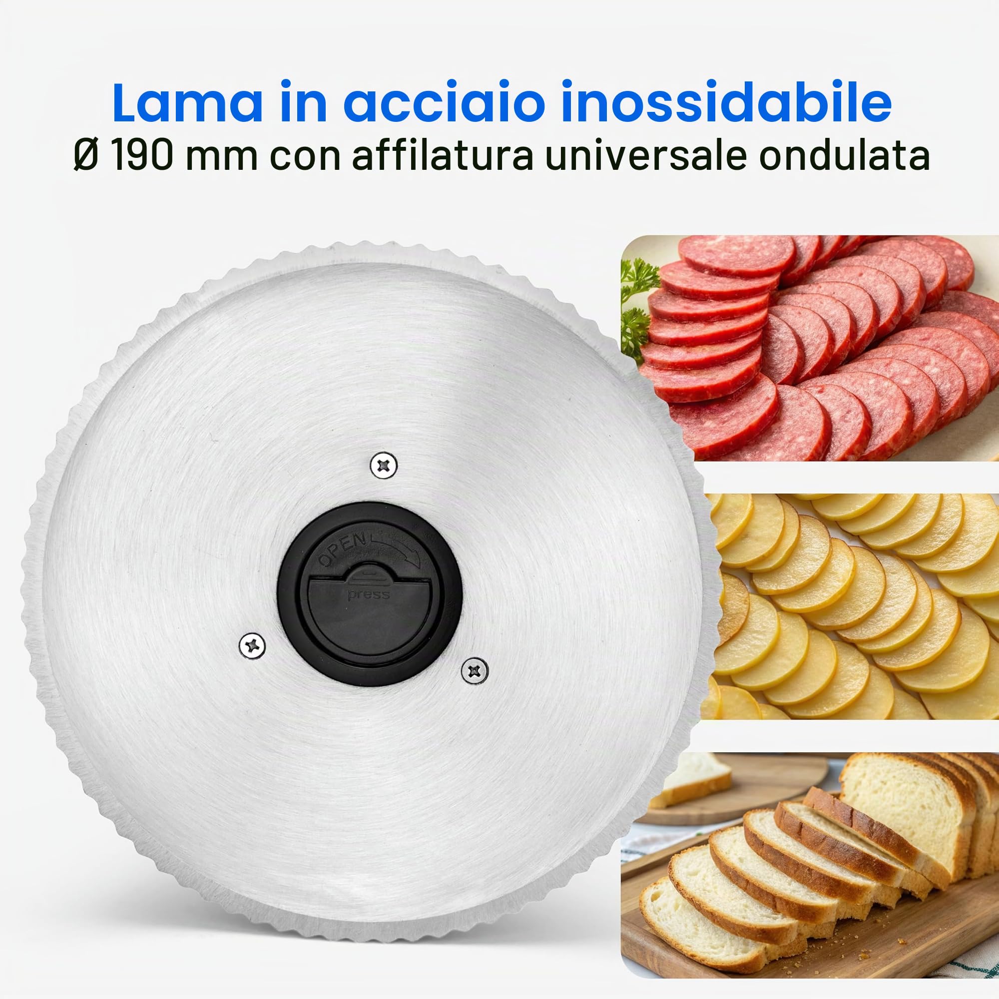 Affettatrice multiuso Clatronic Ø 190 mm lama in acciaio inox | affettatrice elettrica per pane | spessore di taglio regolabile (0-15 mm) | affettatrice | alloggiamento in metallo | 150W | MA 3585